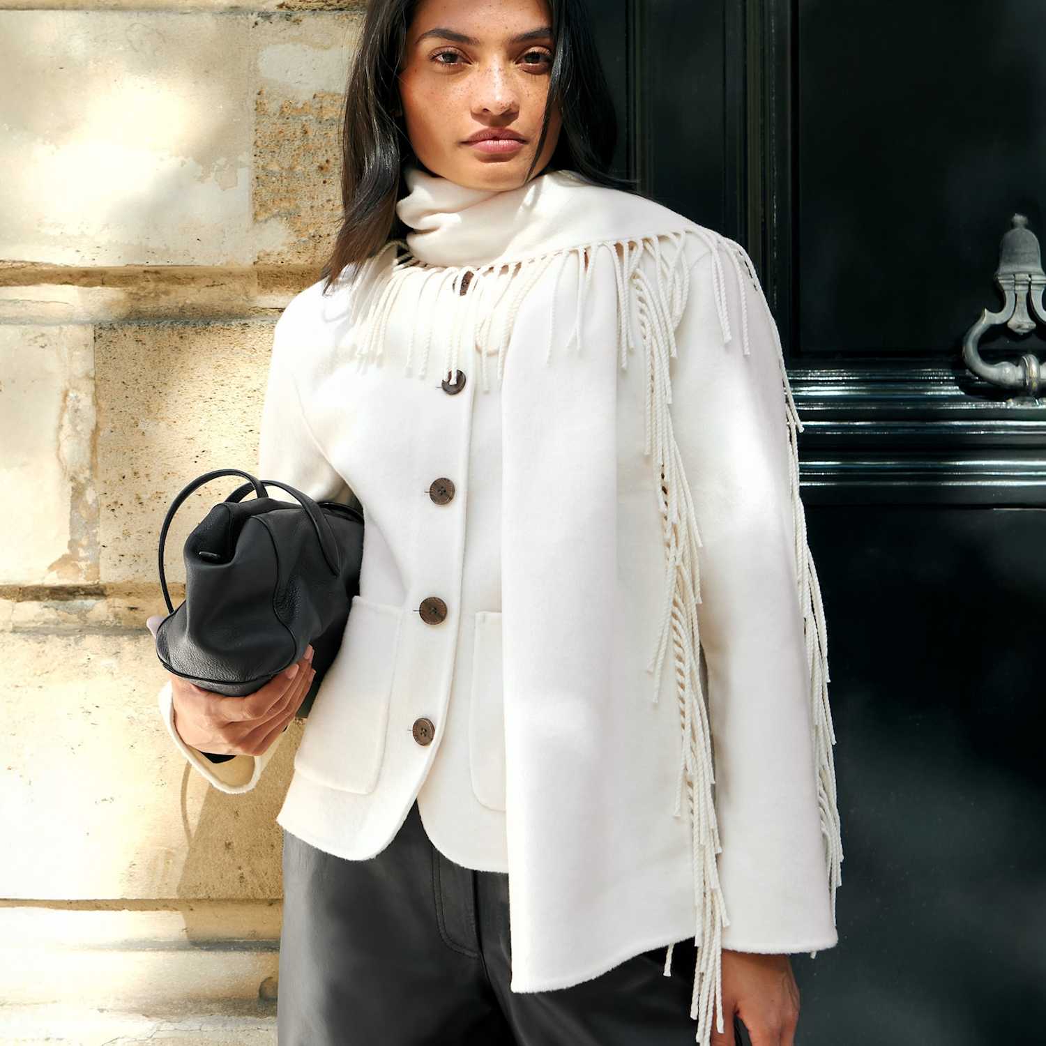 Ro&Zo Women's Double-Faced Detachable Scarf Jacket with Wool - Medium-Large - Cream Mix - Available at M&S