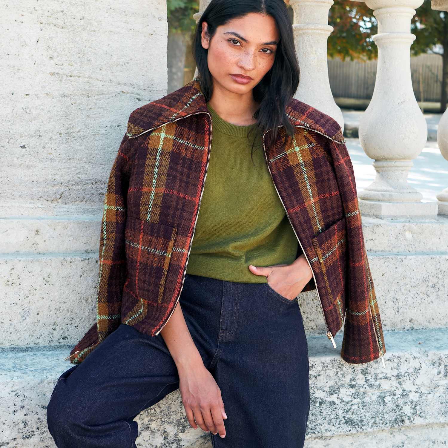 Ro&Zo Women's Checked Zip Up Cropped Jacket - Small-Medium - Purple Mix - Available at M&S
