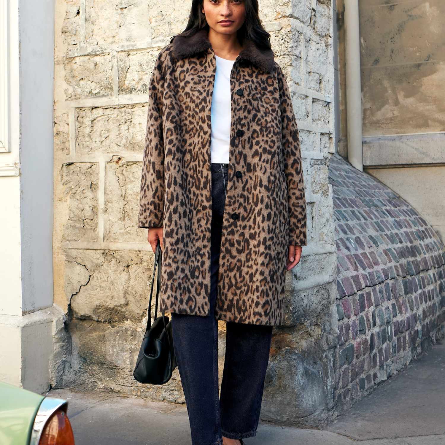 Ro&Zo Women's Leopard Print Faux Fur Trim Car Coat with Wool - Small-Medium - Brown Mix - Available at M&S
