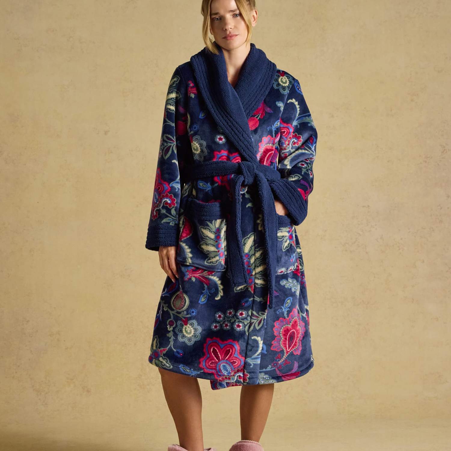 Joules Women's Fleece Floral Dressing Gown - Small-Medium - Navy Mix - Available at M&S