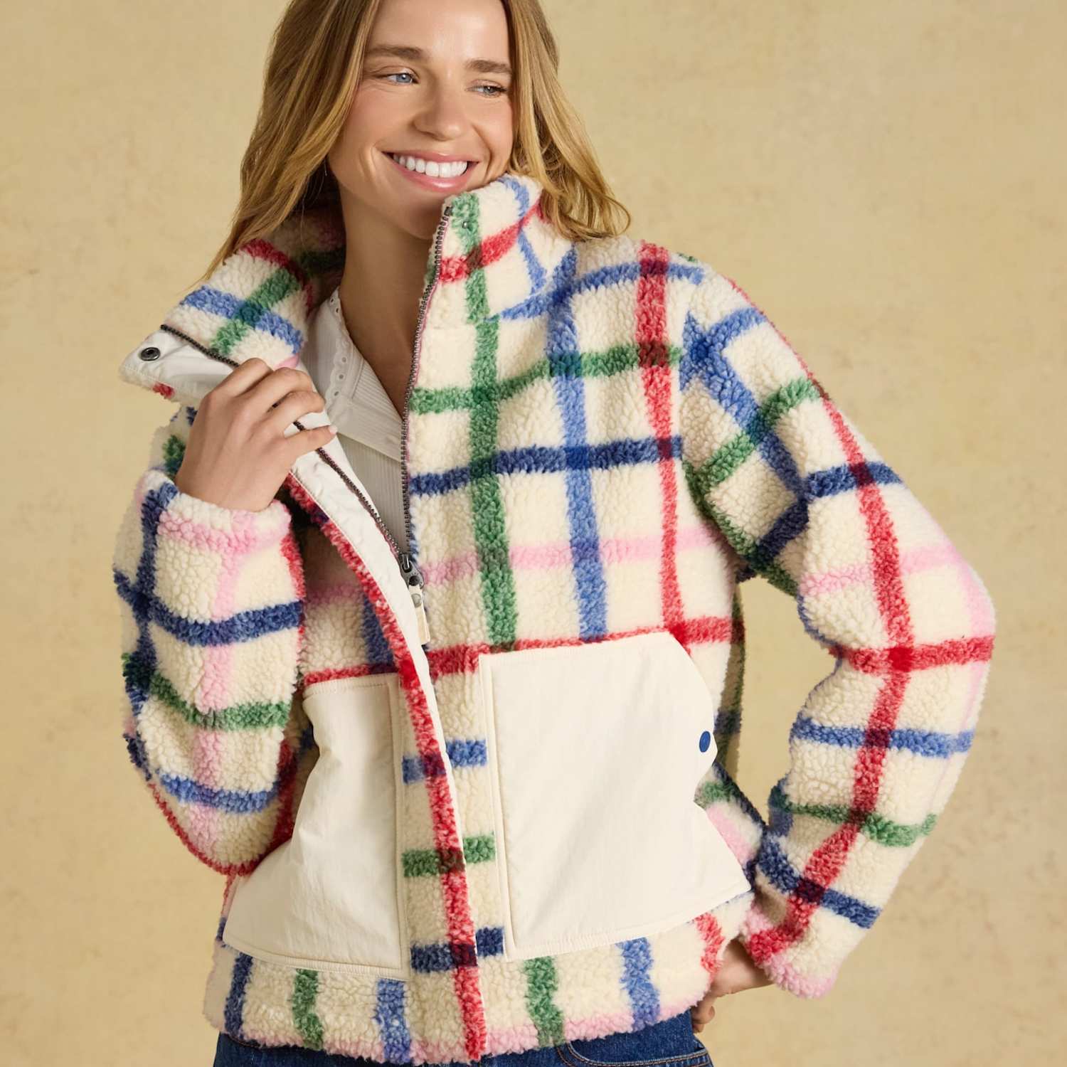 Joules Women's Checked Borg Funnel Neck Fleece - 14 - Cream Mix - Available at M&S