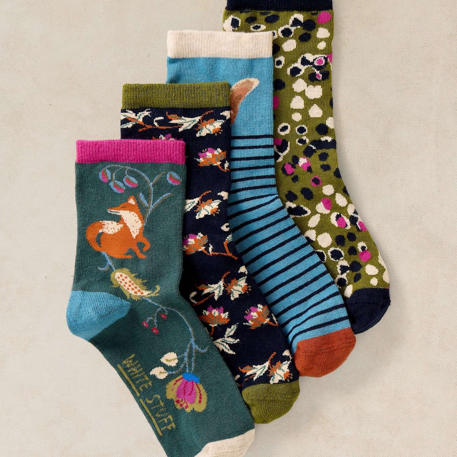 White Stuff Women's 4 Pack Cotton Rich Garden Animal Socks - 6-8 - Green Mix - Available at M&S