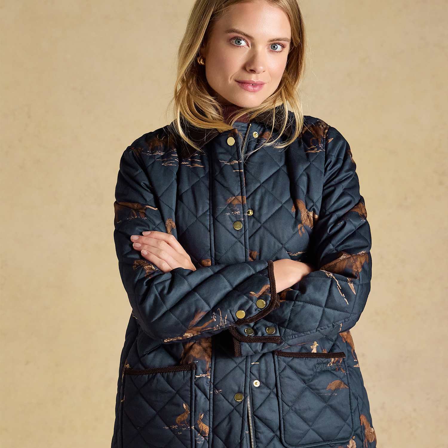 Joules Women's Cotton Diamond Quilted Printed Jacket - 14 - Navy Mix - Available at M&S