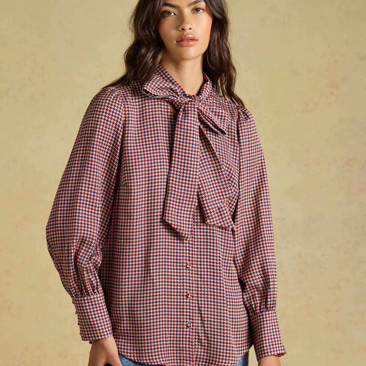 Joules Women's Lyocell Checked Tie Neck Blouse - 10 - Brown Mix - Available at M&S