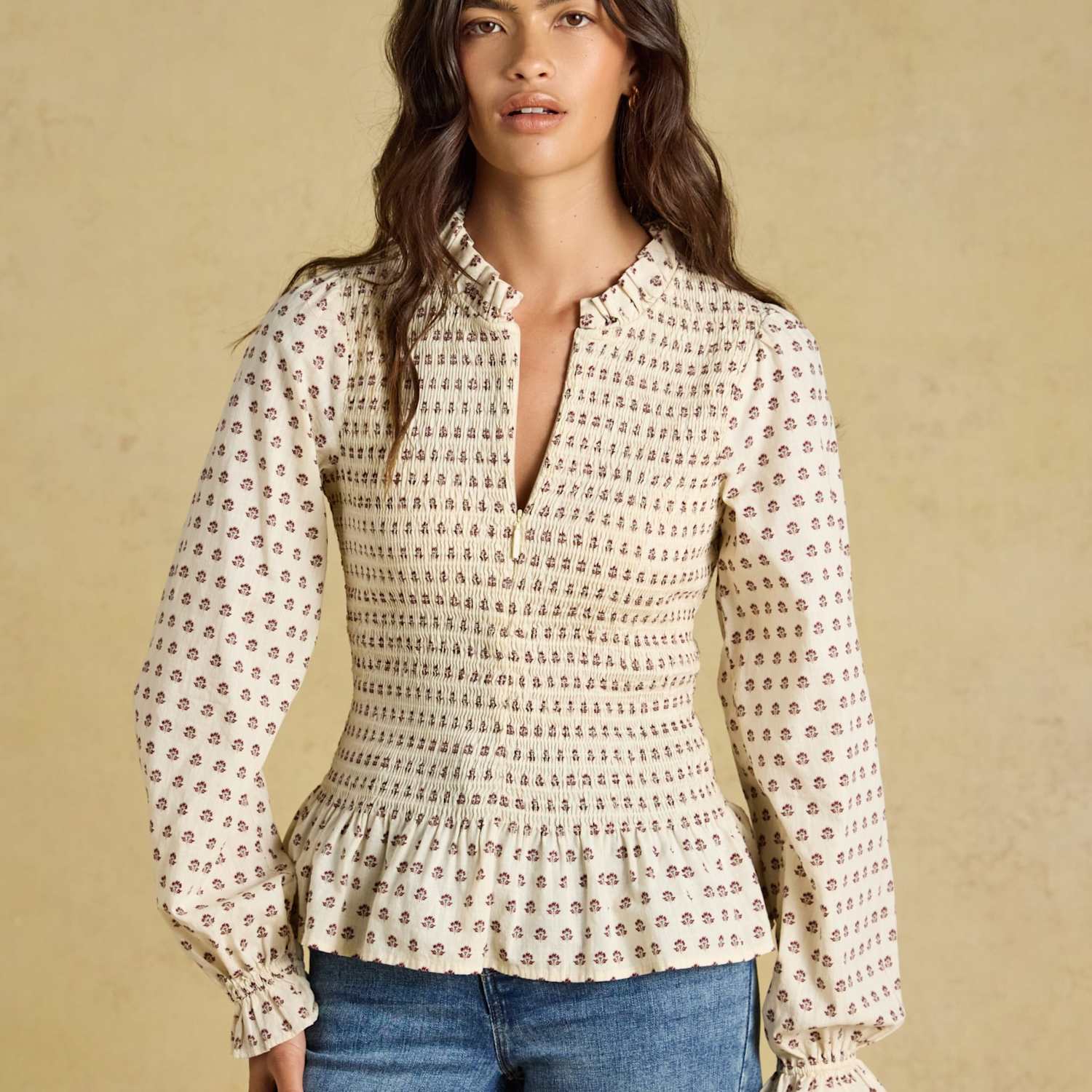 Joules Women's Long Sleeve Floral Smocked Blouse - 14 - Cream Mix - Available at M&S