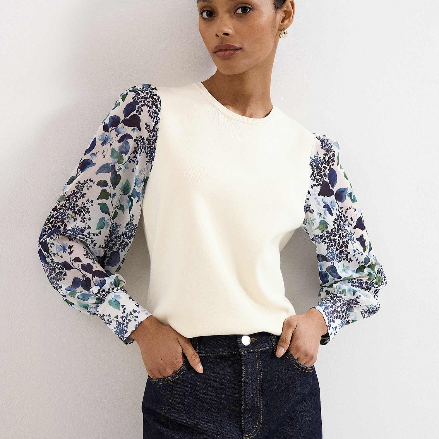 Phase Eight Women's Cotton Blend Floral Puff Sleeve Top - Small - Ivory Mix - Available at M&S