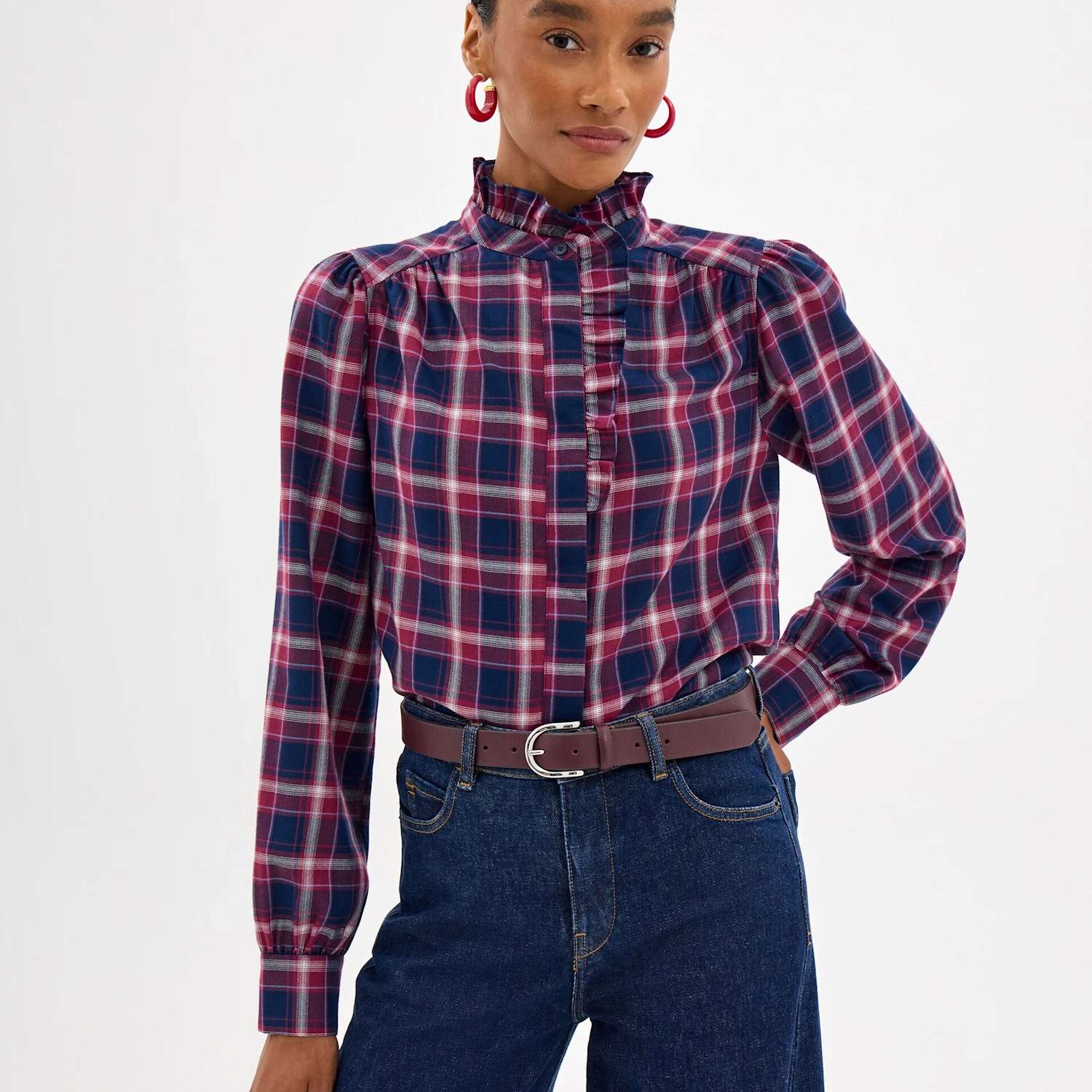 Hush Women's Checked Ruffle Neck Concealed Placket Shirt - Large - Navy Mix - Available at M&S