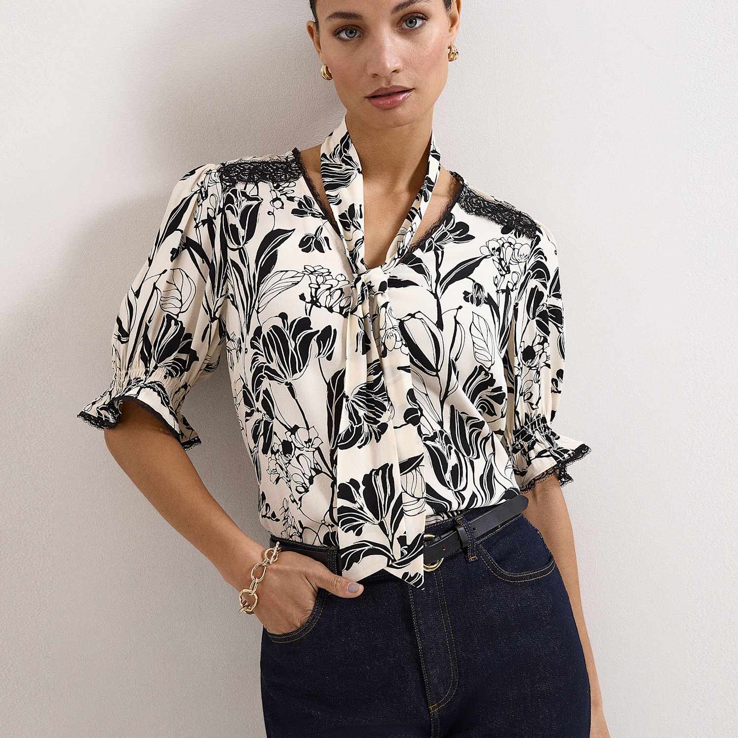 Phase Eight Women's Floral Tie Neck Puff Sleeve Blouse - 10 - Black Mix - Available at M&S