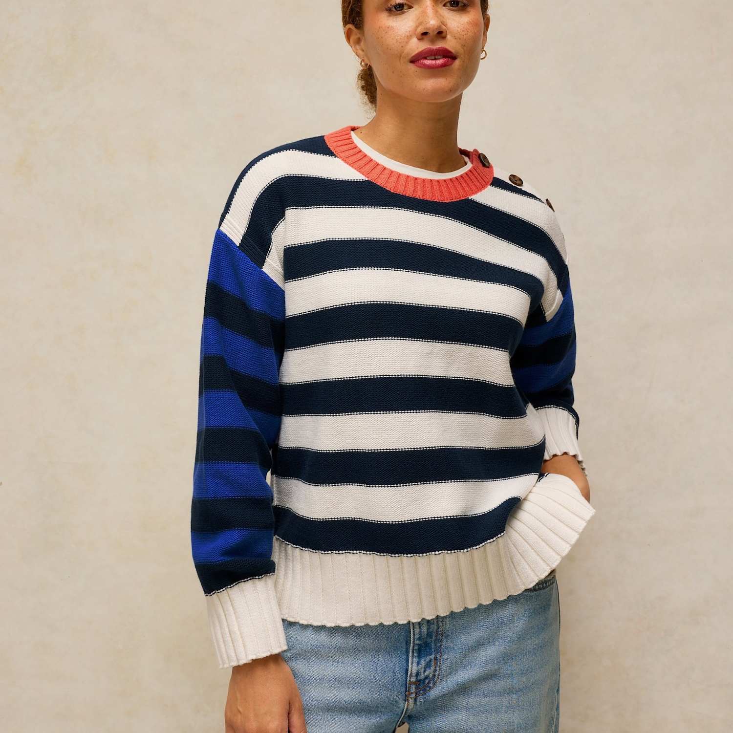 White Stuff Women's Pure Cotton Colour Block Striped Jumper - 10 - Ivory Mix - Available at M&S