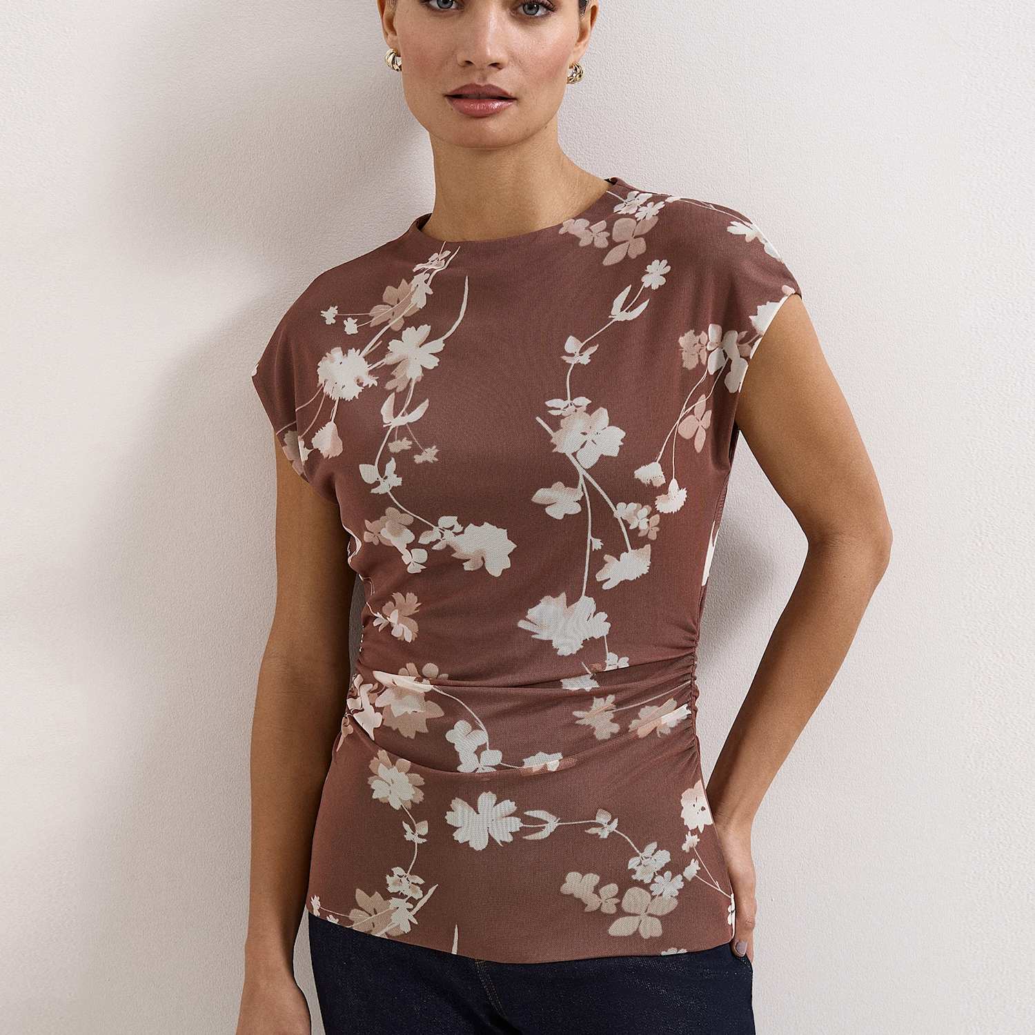 Phase Eight Women's Mesh Jersey Floral Ruched Top - 16 - Brown Mix - Available at M&S