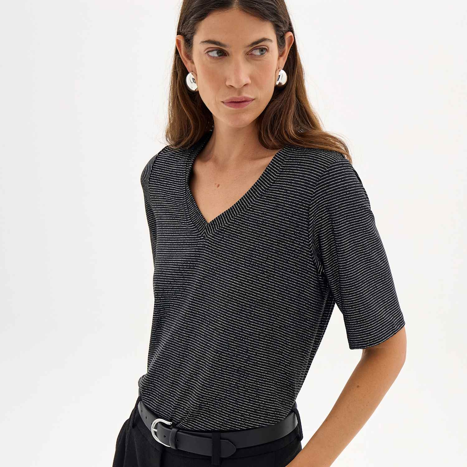 Hush Women's Striped V Neck T-Shirt - Large-Extra Large - Black Mix - Available at M&S
