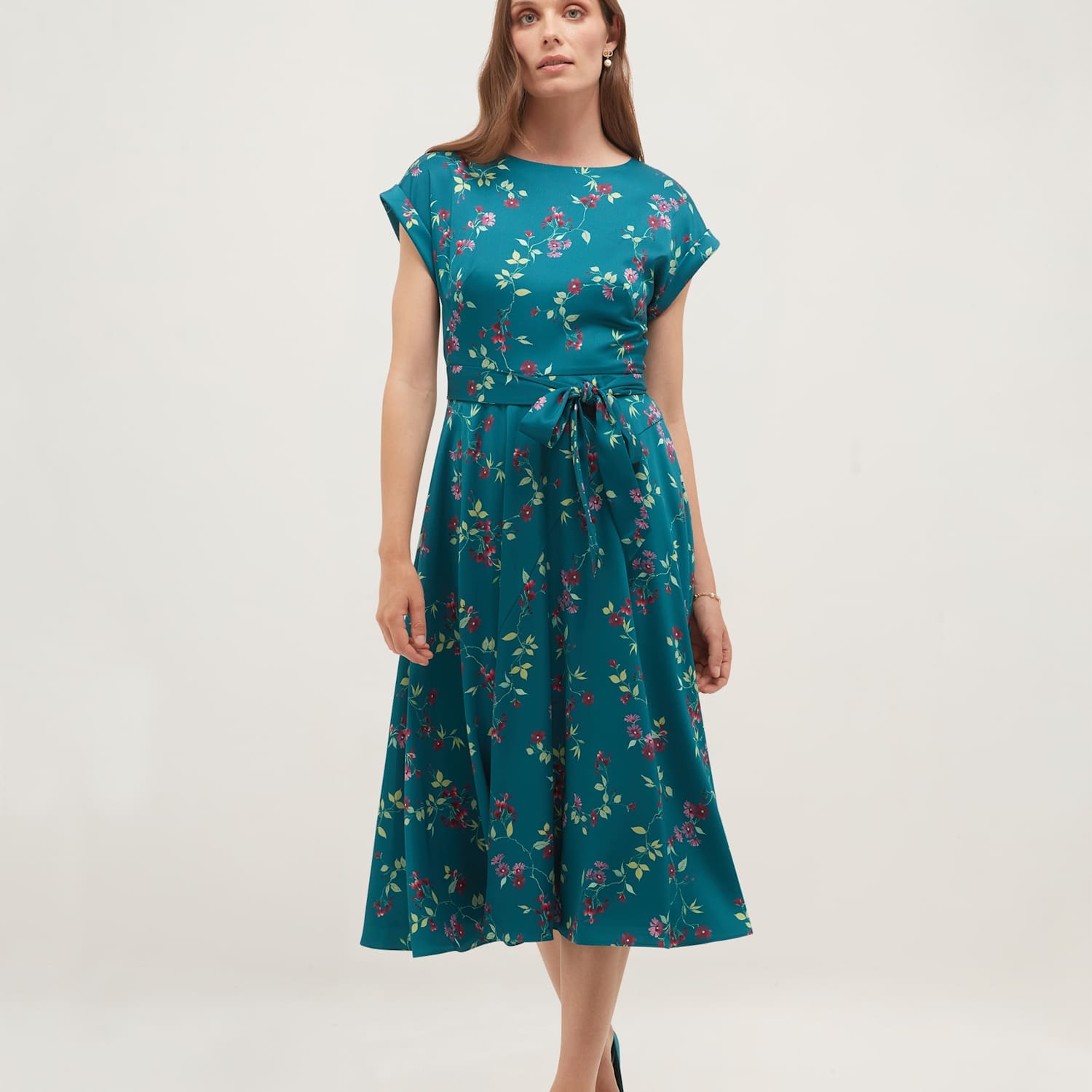 Hobbs Women's Satin Floral Knee Length Skater Dress - 14 - Blue Mix - Available at M&S