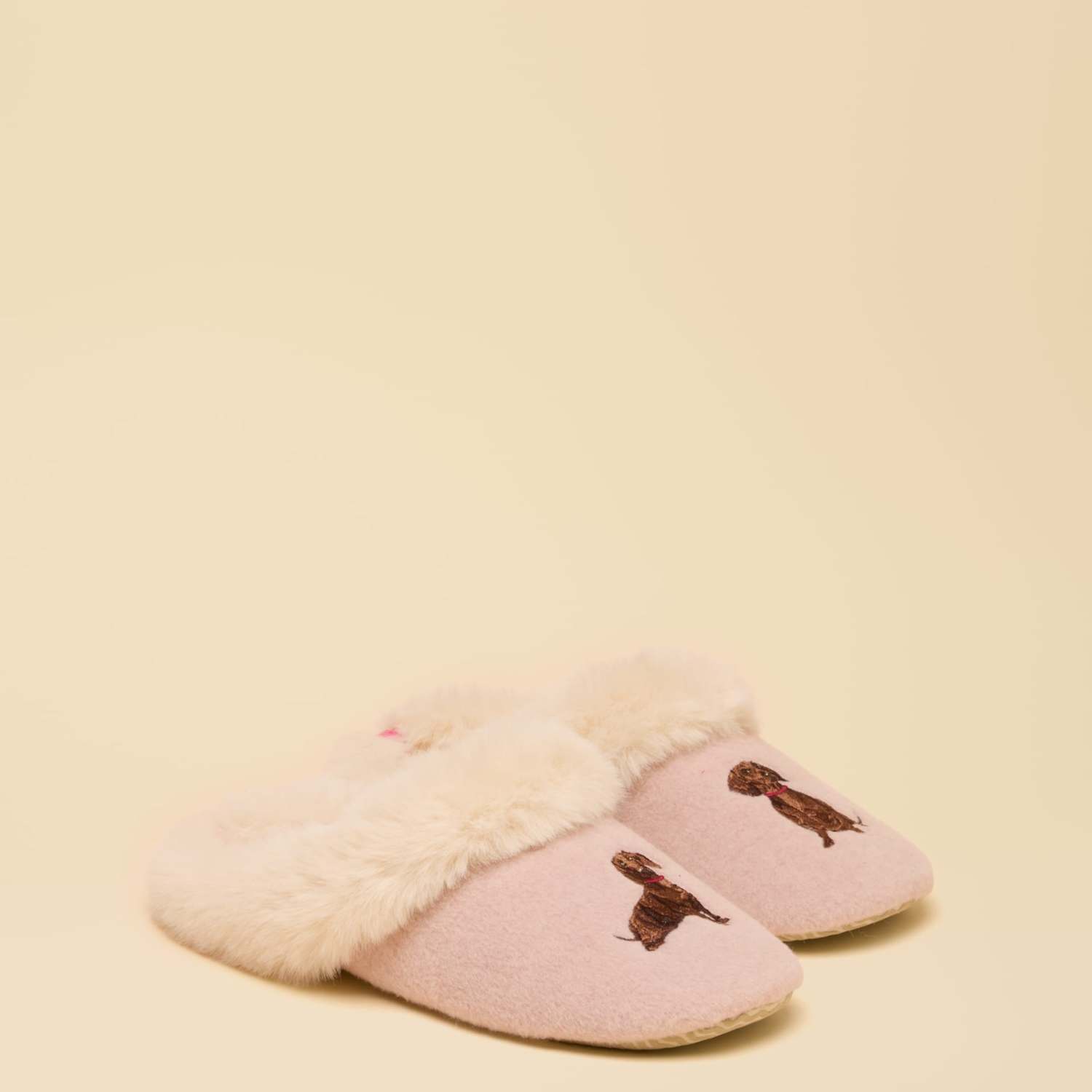 Joules Women's Cotton Embroidered Faux Fur Lined Slippers - Small - Pink Mix - Available at M&S