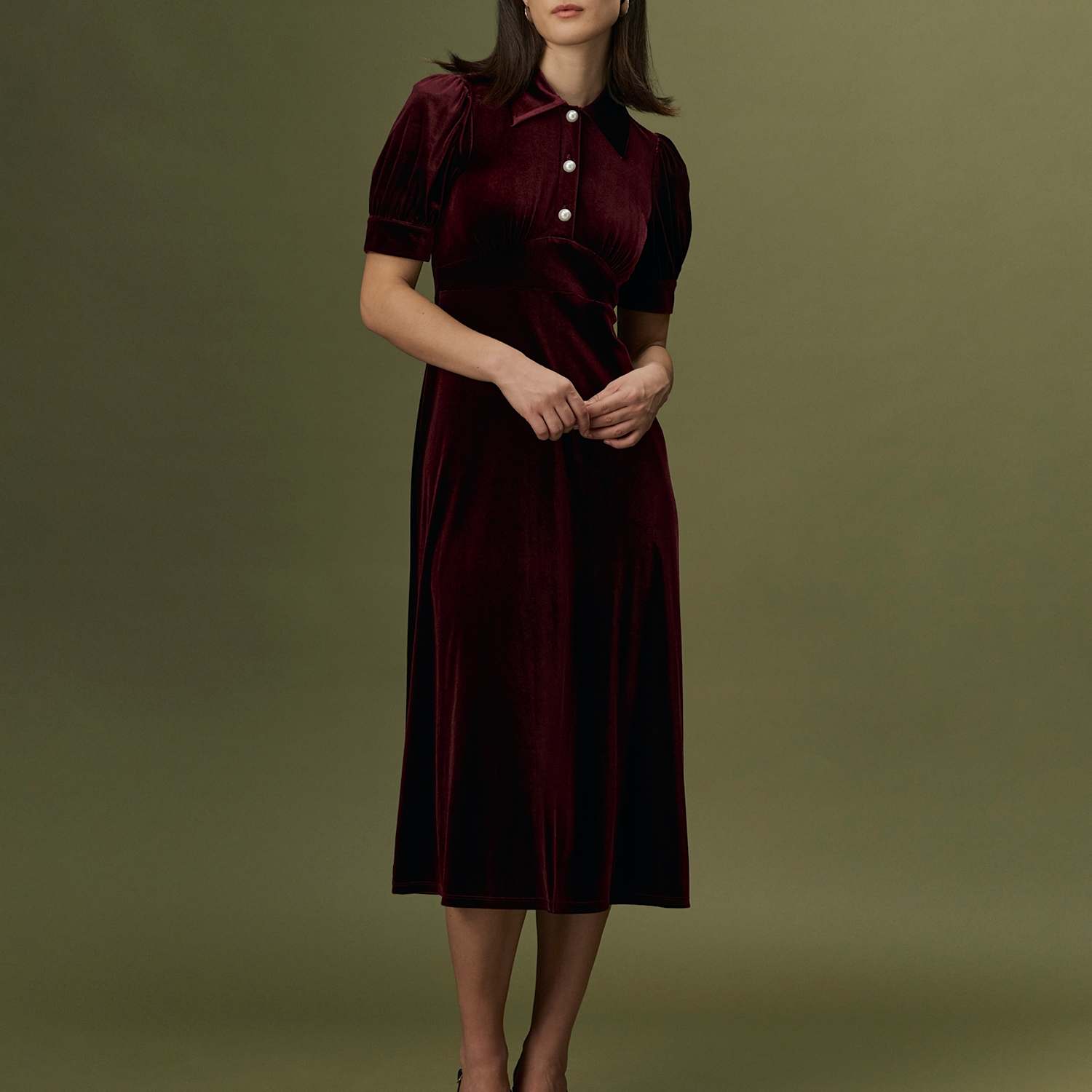 Ghost Women's Velvet Button Front Midi Tea Dress - 12 - Plum - Available at M&S