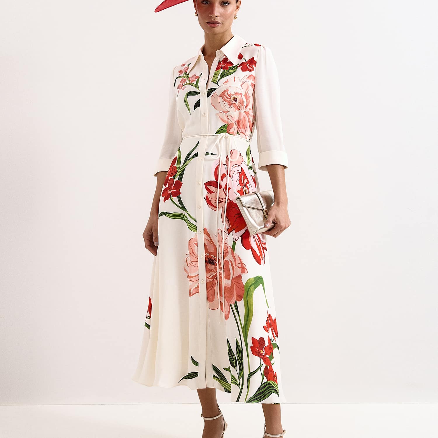 Phase Eight Women's Floral 3/4 Sleeve Midi Shirt Dress - 14 - Ivory Mix - Available at M&S