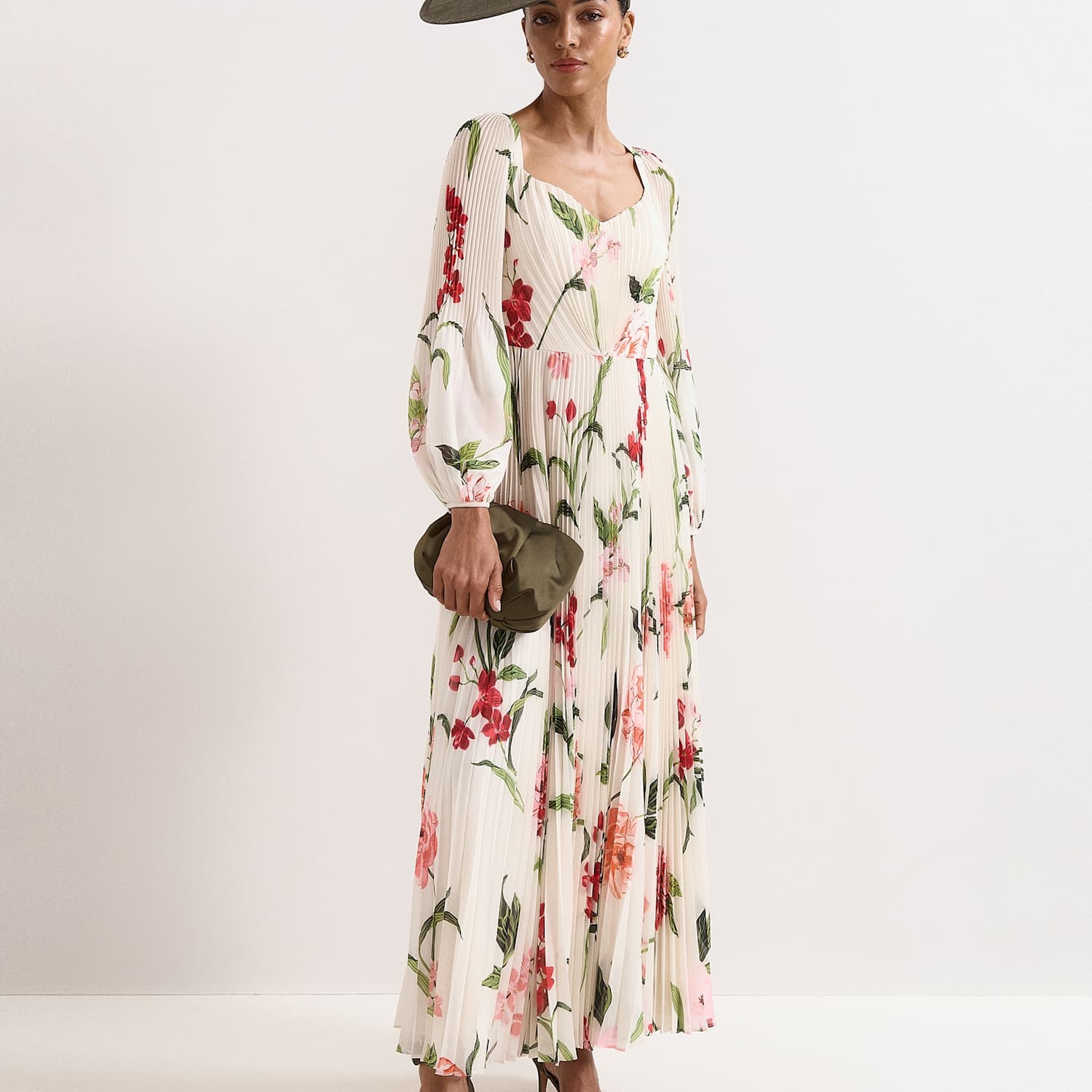 Phase Eight Women's Floral Pleated Sweetheart Neckline Maxi Dress - 10 - Ivory Mix - Available at M&S