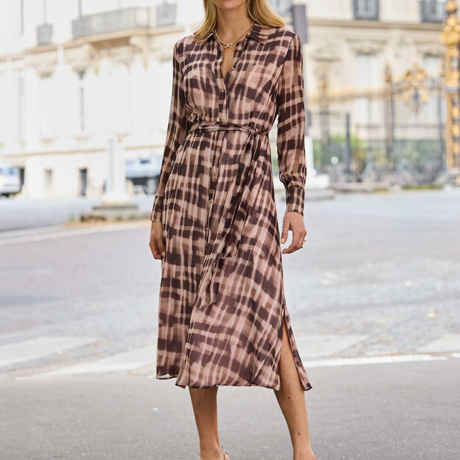 Sosandar Women's Abstract Check Print Midaxi Shirt Dress - 16 - Brown Mix - Available at M&S