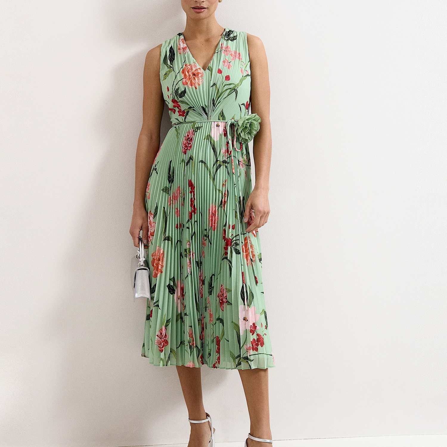 Phase Eight Women's Floral Pleated V-Neck Midi Skater Dress - 10 - Green Mix - Available at M&S