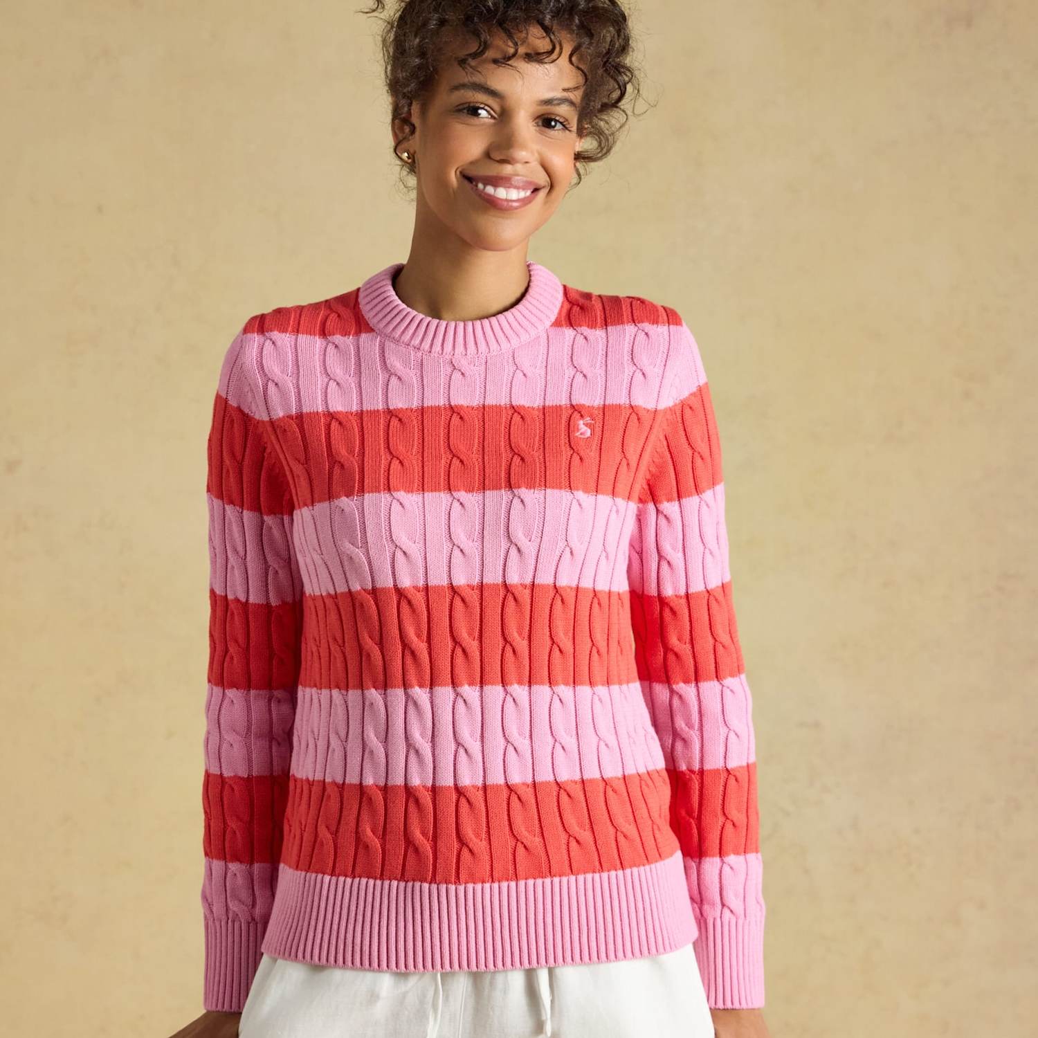 Joules Women's Pure Cotton Striped Cable Knit Jumper - 10 - Pink Mix - Available at M&S
