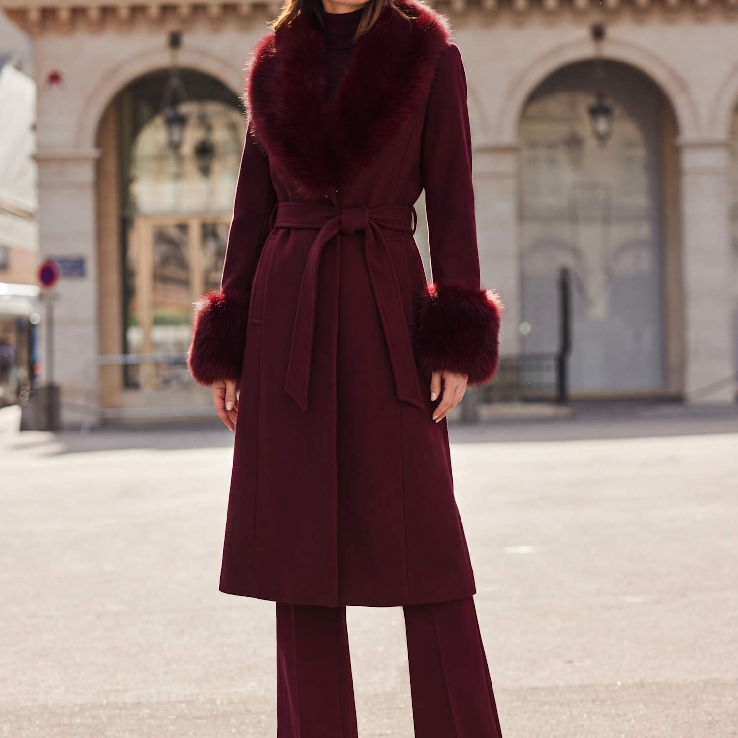 Sosandar Women's Belted 2 In 1 Faux Fur Trim Longline Coat - 18 - Burgundy - Available at M&S