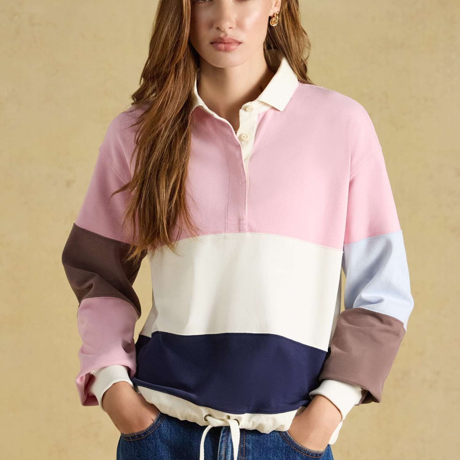 Joules Women's Pure Cotton Colour Block Rugby Top - 16 - Pink Mix - Available at M&S
