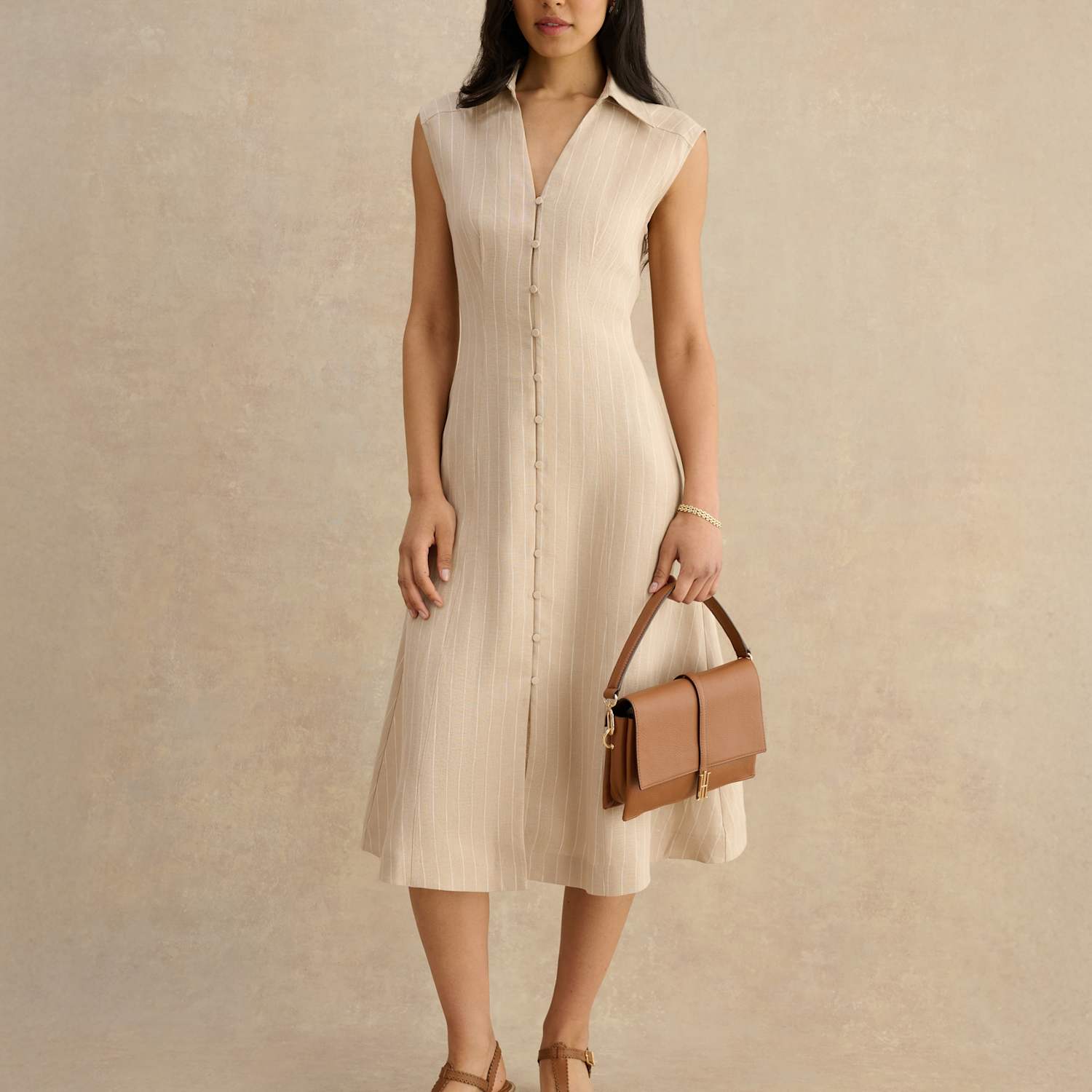 Hobbs Women's Pure Linen Striped Midi Shirt Dress - 16 - Beige Mix - Available at M&S