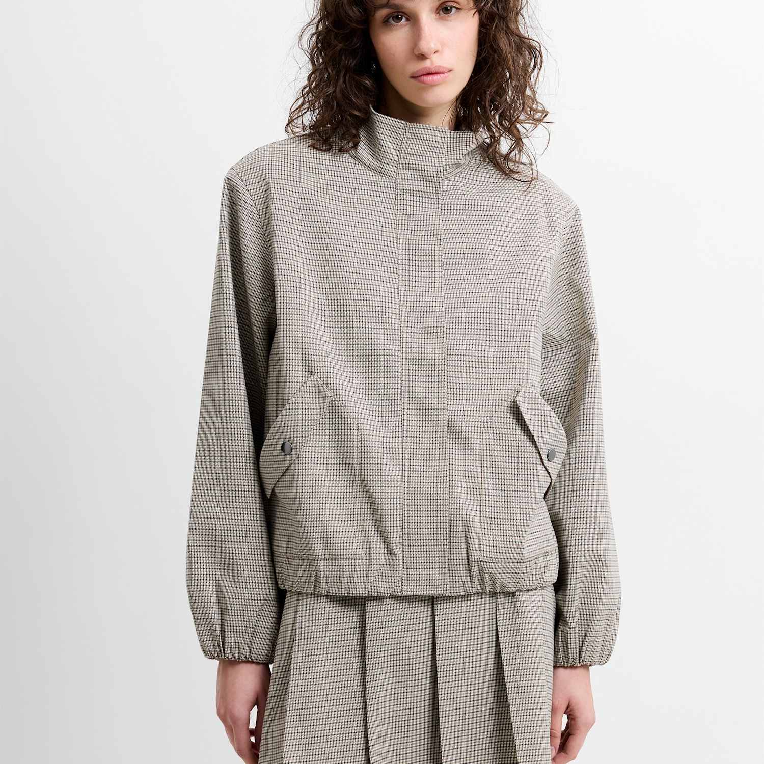 French Connection Women's Checked Funnel Neck Bomber Jacket - Extra Large - Beige Mix - Available at M&S