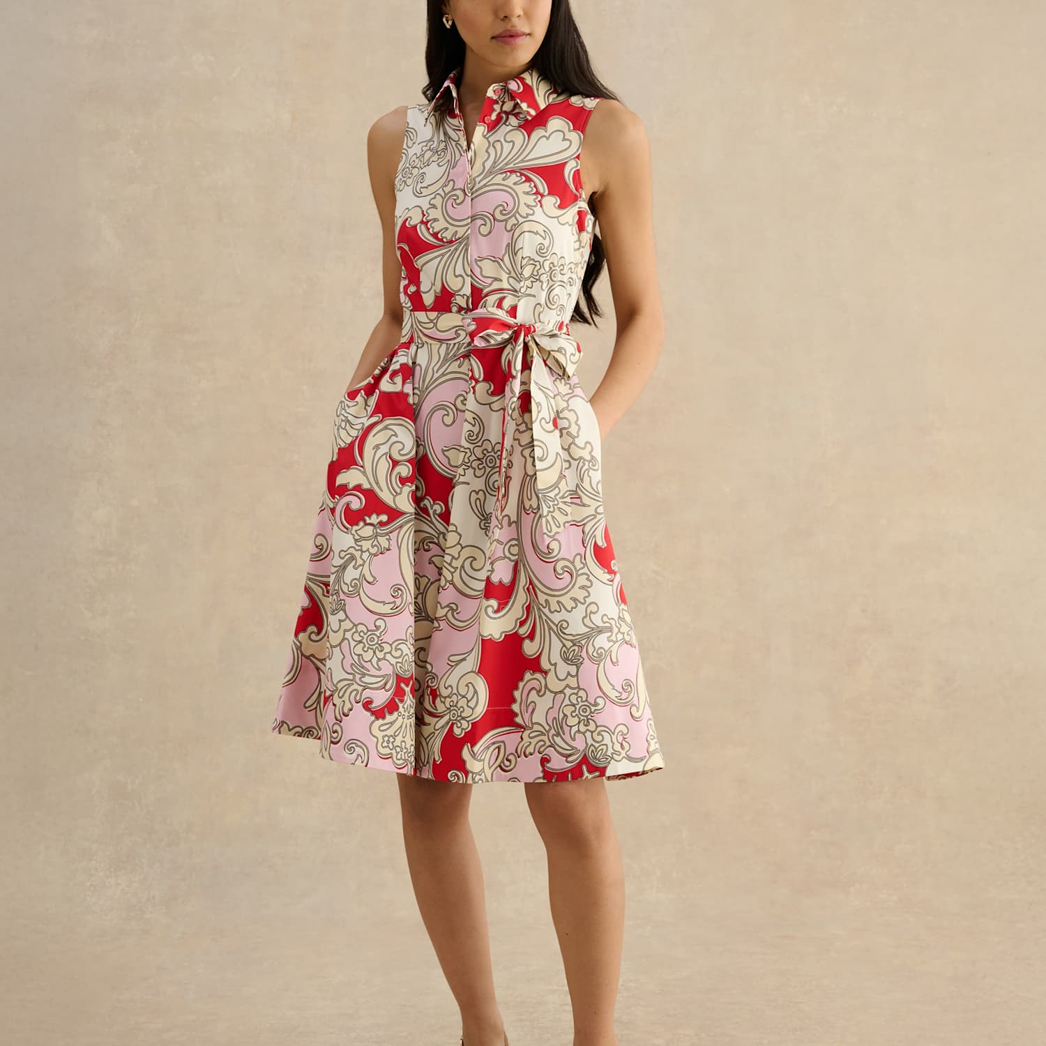 Hobbs Women's Cotton Rich Paisley Belted Skater Dress - 12 - Red Mix - Available at M&S
