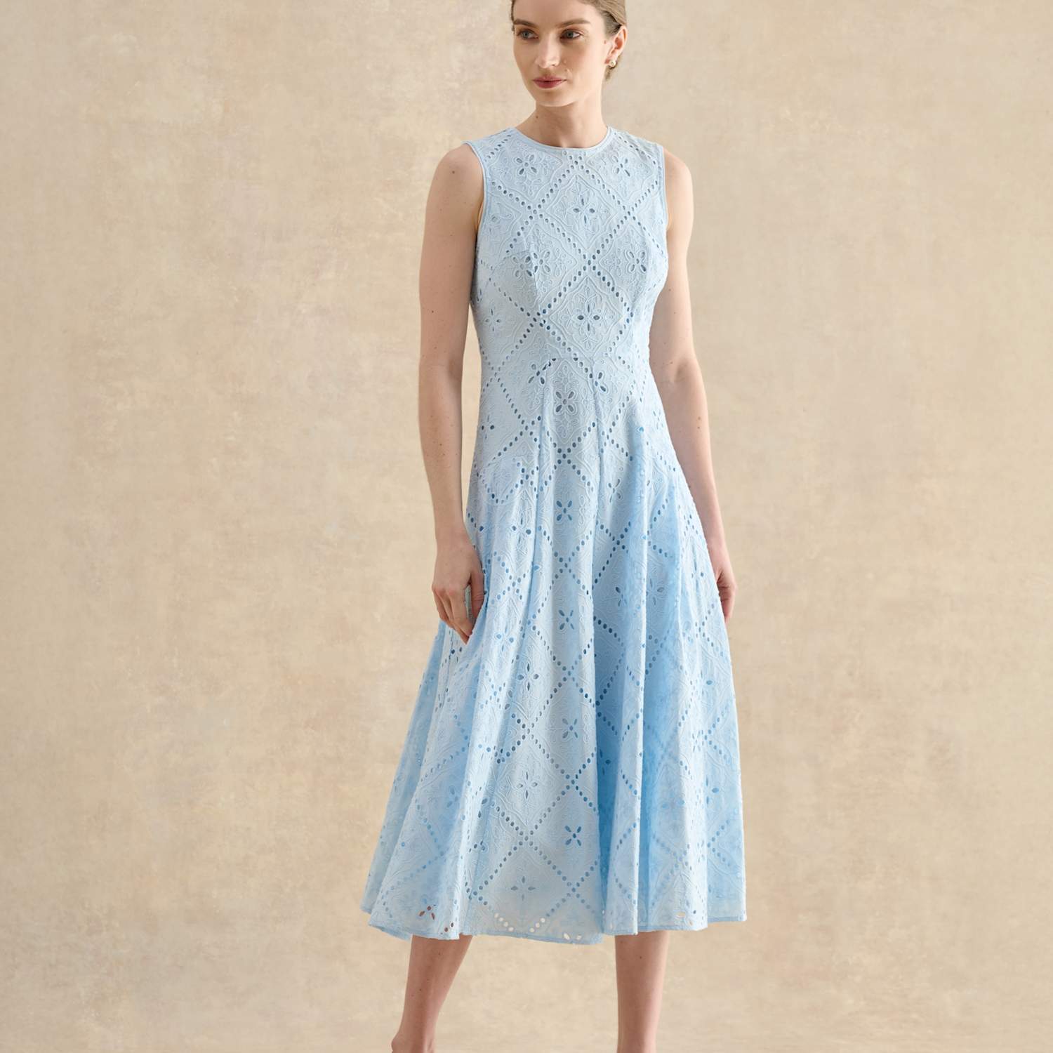 Hobbs Women's Pure Cotton Broderie Midi Skater Dress - 16 - Blue - Available at M&S