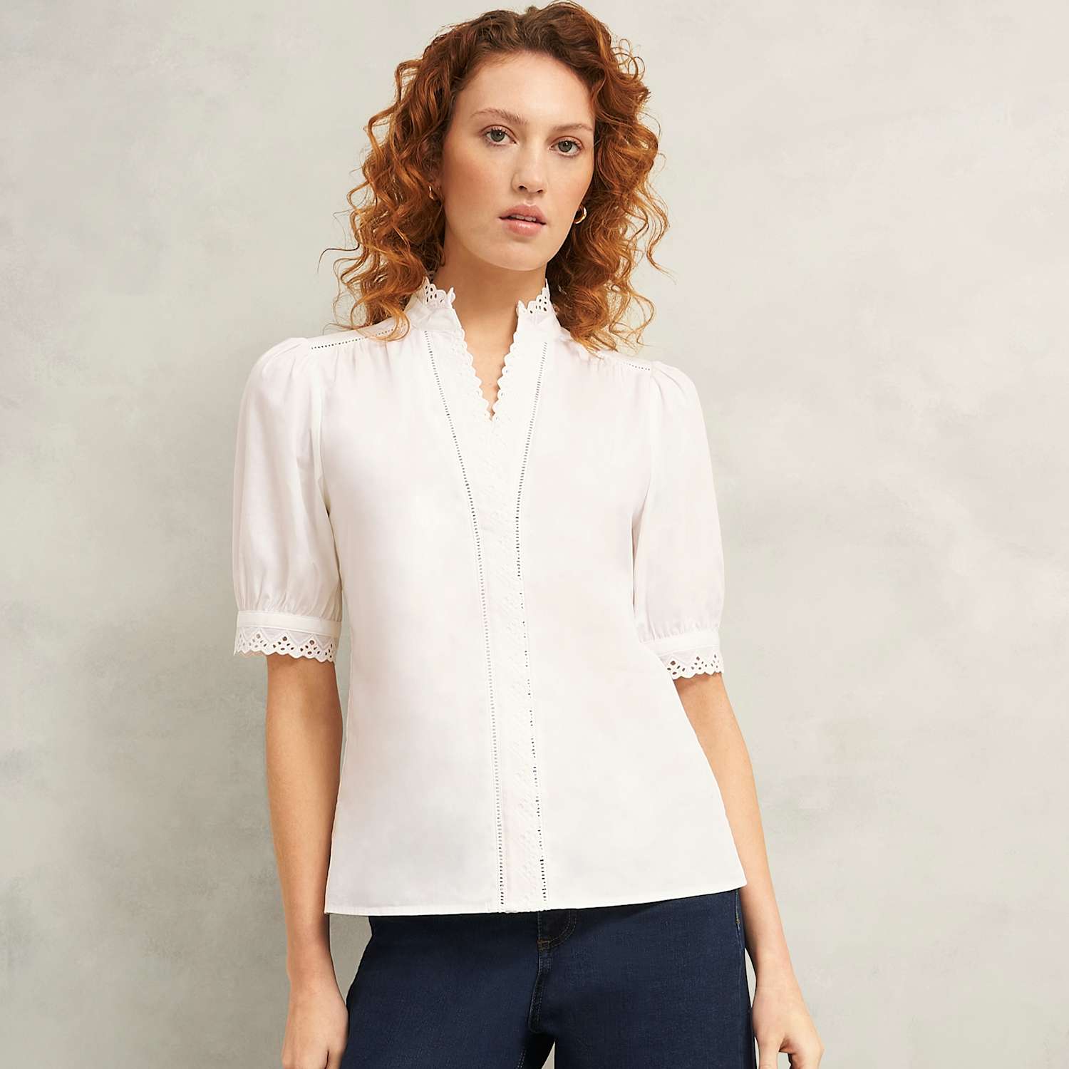 Hobbs Women's Pure Cotton Broderie Notch Neck Blouse - 12 - White - Available at M&S