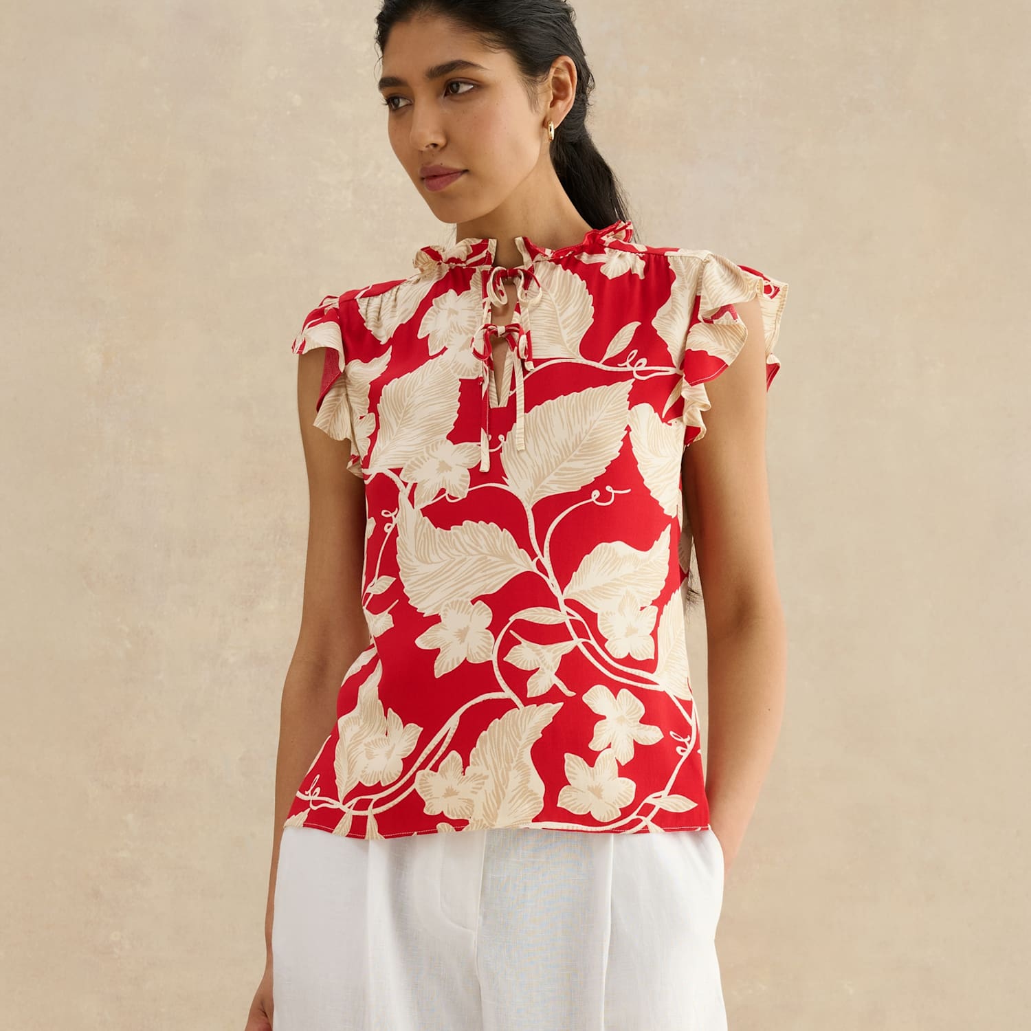 Hobbs Women's Floral Tie Neck Ruffle Blouse - 12 - Red Mix - Available at M&S