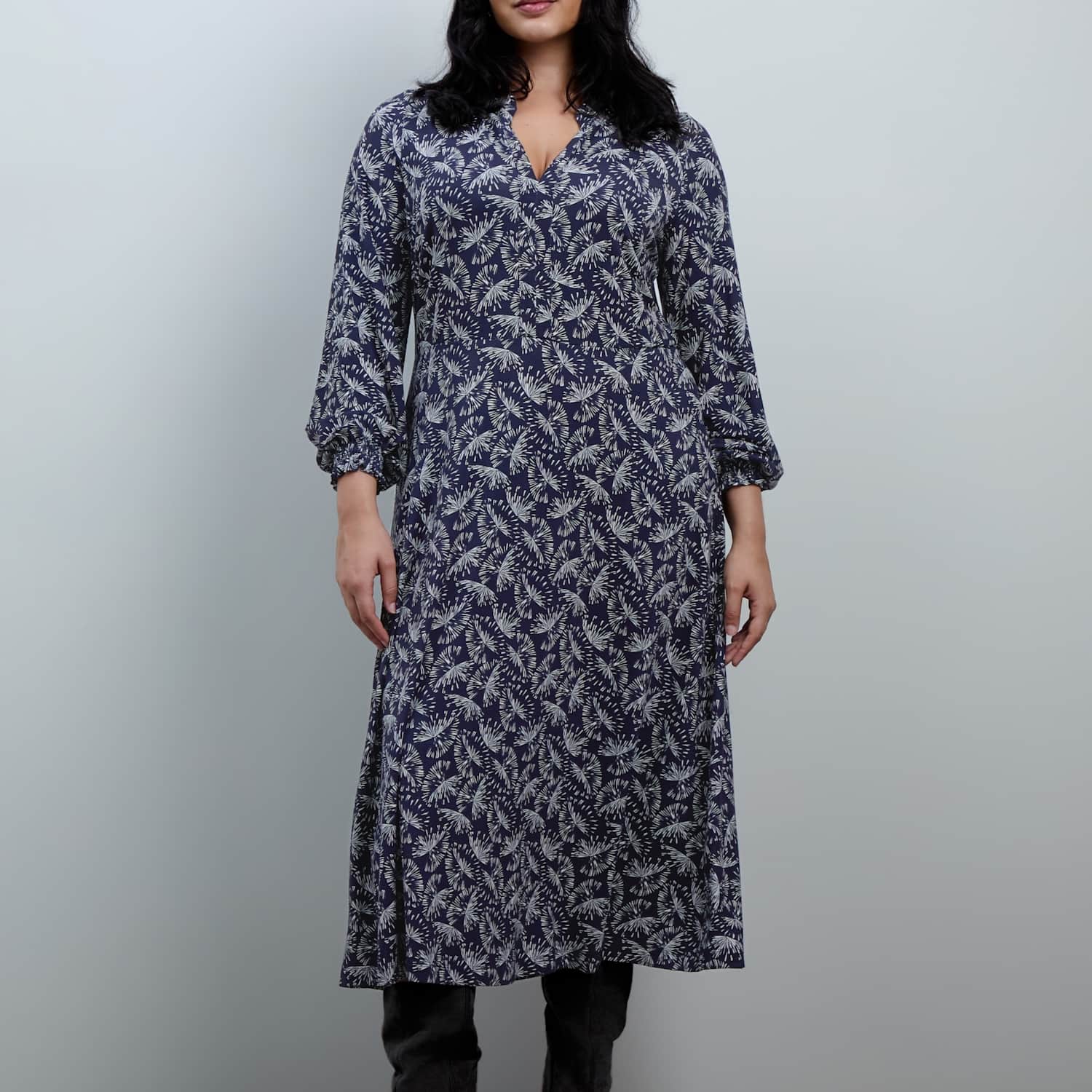 Live Unlimited London Women's Curve Jersey Fan Print Ruffle Midaxi Dress - 16 - Navy Mix - Available at M&S