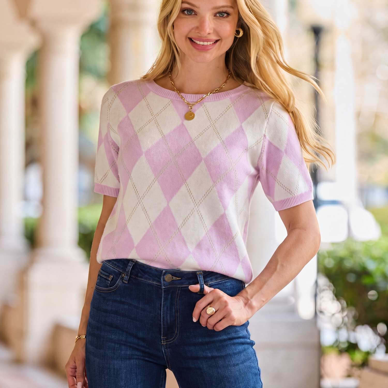 Sosandar Women's Argyle Knitted Top - Large - Light Pink Mix - Available at M&S