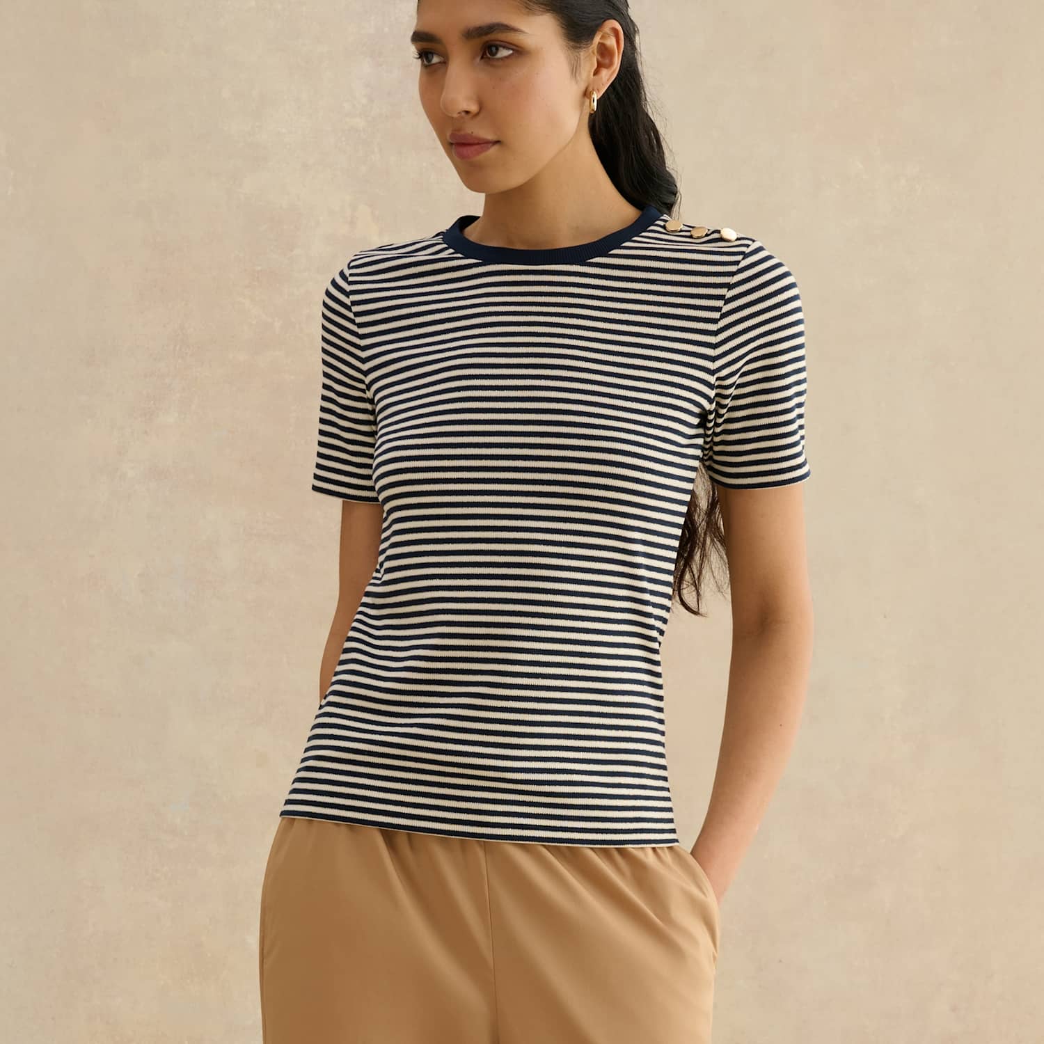 Hobbs Women's Sparkle Striped Button Detail T-Shirt - Small - Blue Mix - Available at M&S
