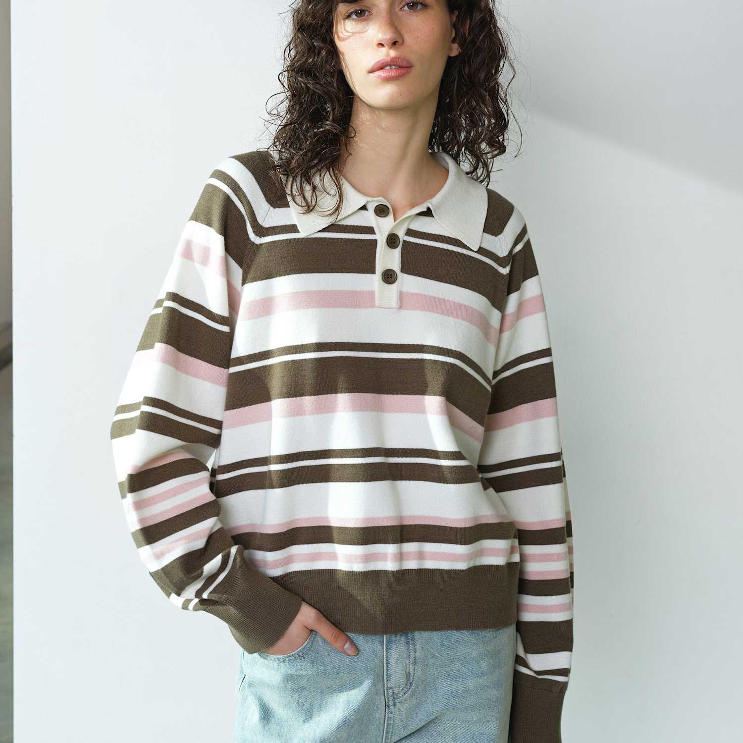 French Connection Women's Striped Polo Neck Jumper - Extra Large - Khaki Mix - Available at M&S