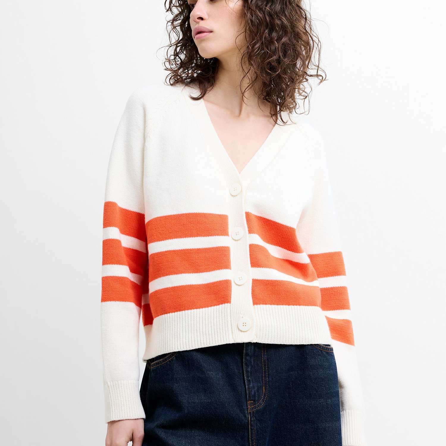 French Connection Women's Cotton Rich Striped V-Neck Cardigan - Small - Cream Mix - Available at M&S