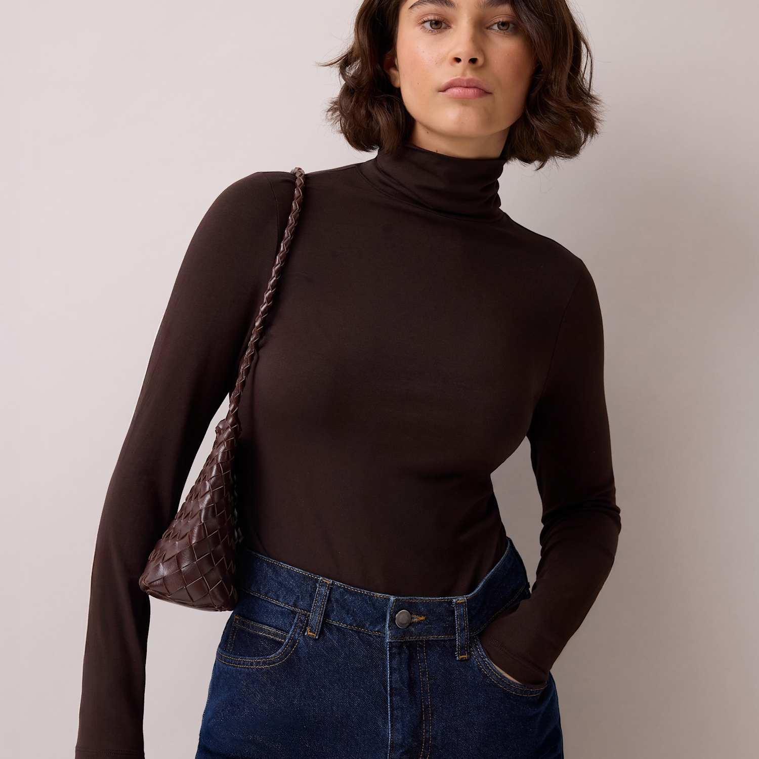 Ro&Zo Women's Cotton Blend Roll Neck Top - Small - Brown - Available at M&S
