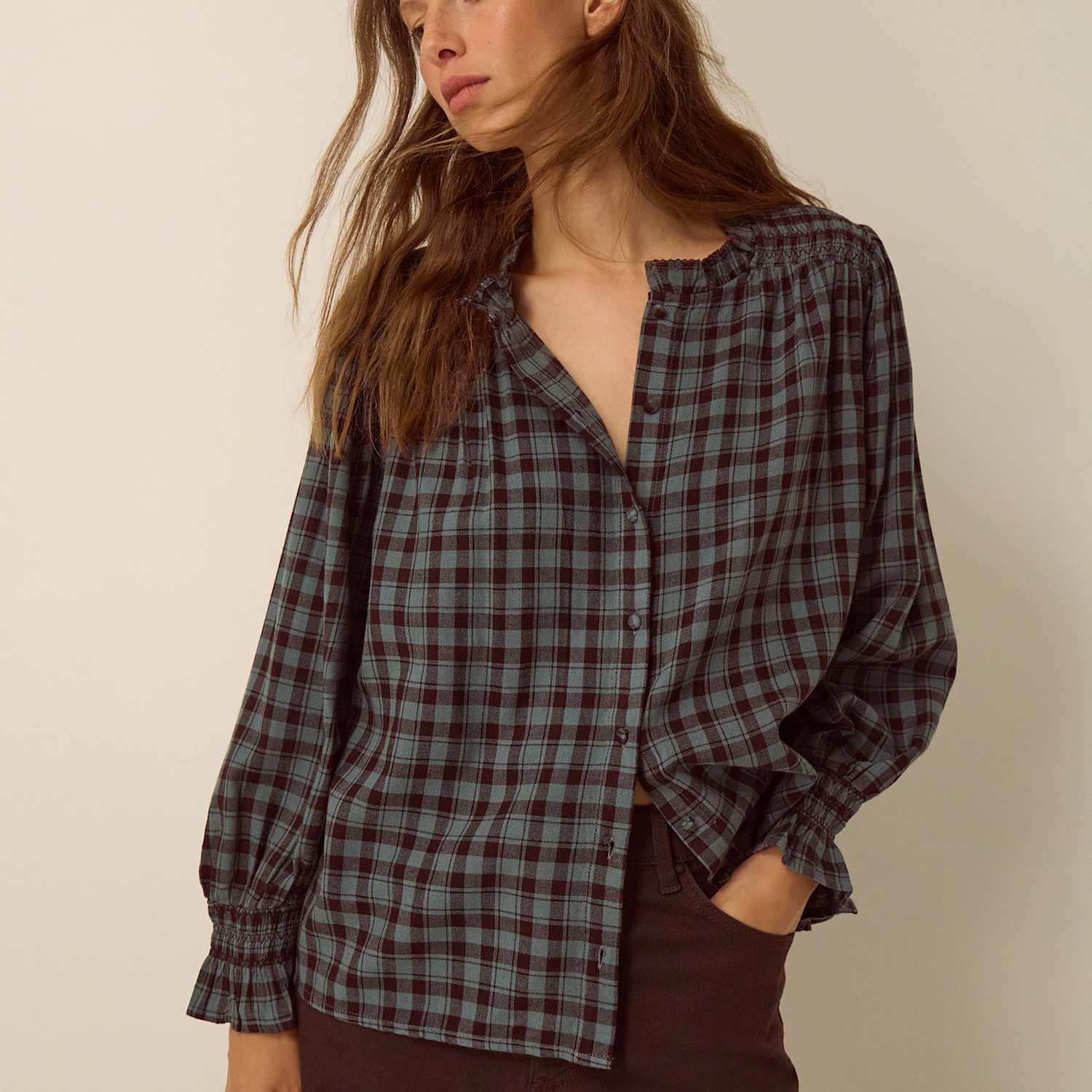 Monsoon Women's Checked High Neck Blouse - Small - Blue Mix - Available at M&S