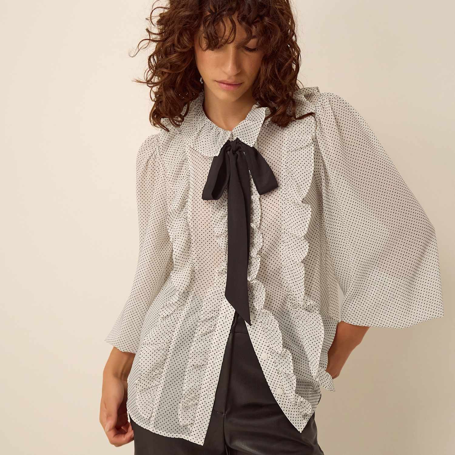 Monsoon Women's Polka Dot Collared Tie Neck Ruffle Blouse - Large - White Mix - Available at M&S