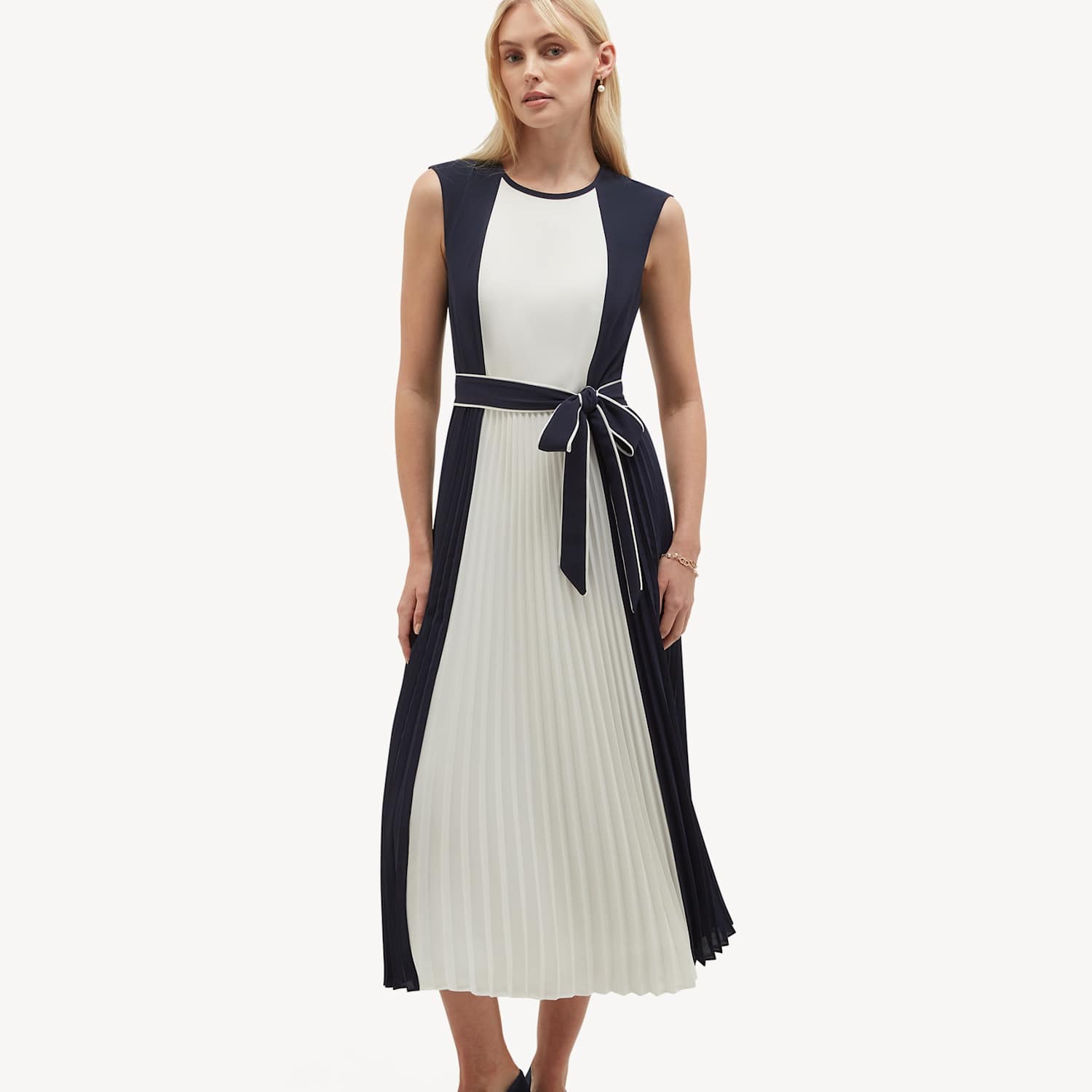 Hobbs Women's Colour Block Tie Waist Midi Skater Dress - 12 - Blue Mix - Available at M&S