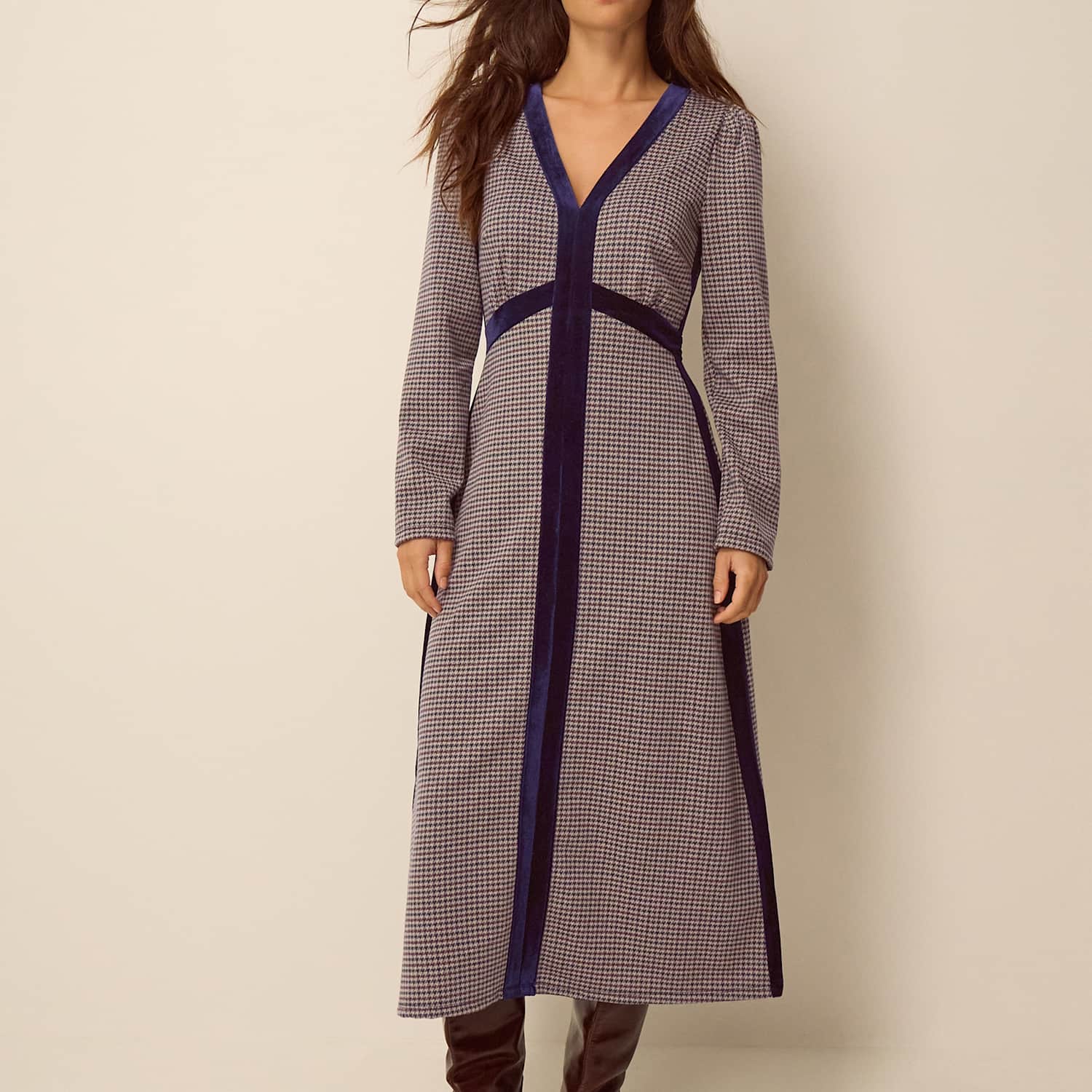 Monsoon Women's Jersey Houndstooth V-Neck Midi Skater Dress - 16 - Brown Mix - Available at M&S