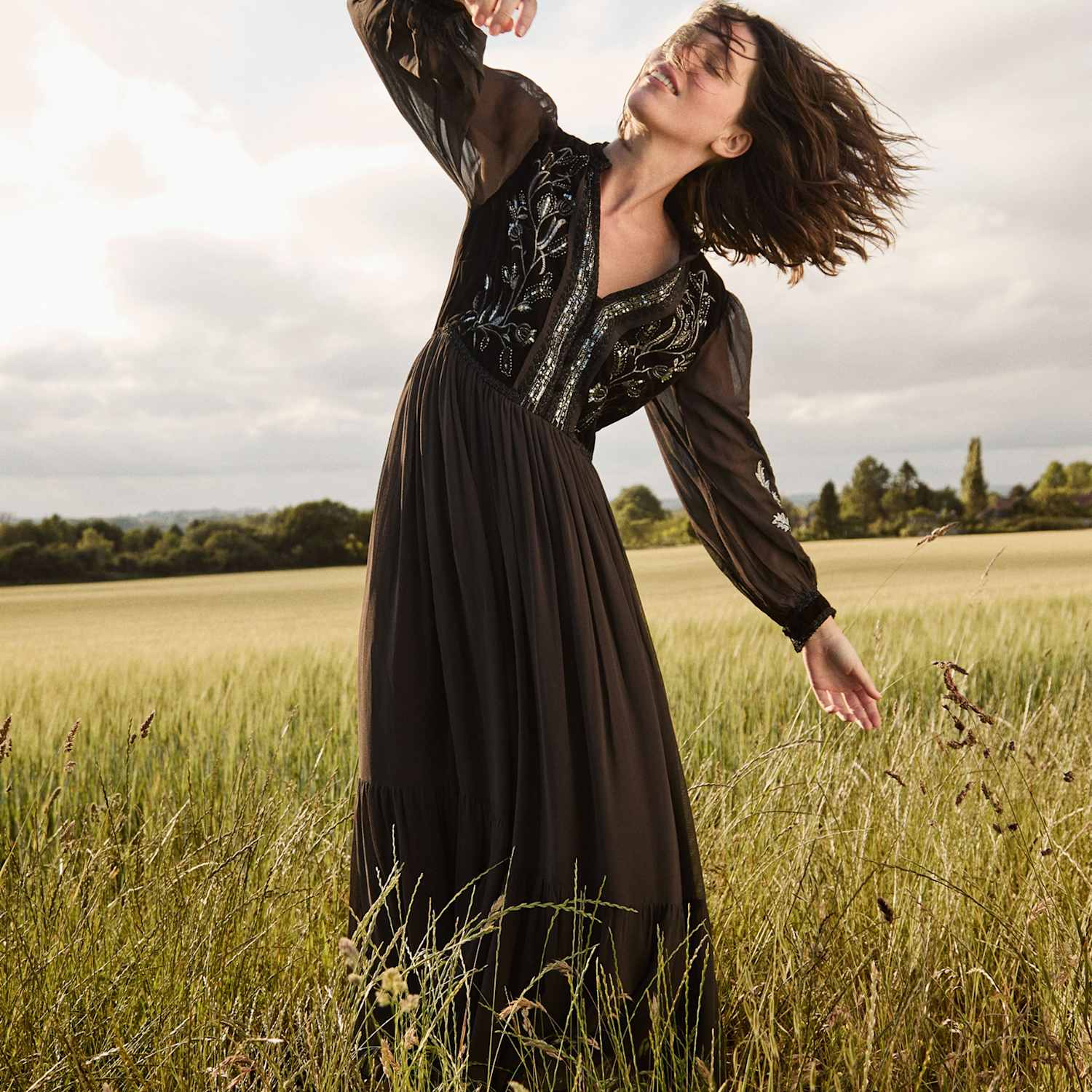 Monsoon Women's Embellished V-Neck Maxi Tea Dress - Extra Large - Chocolate - Available at M&S