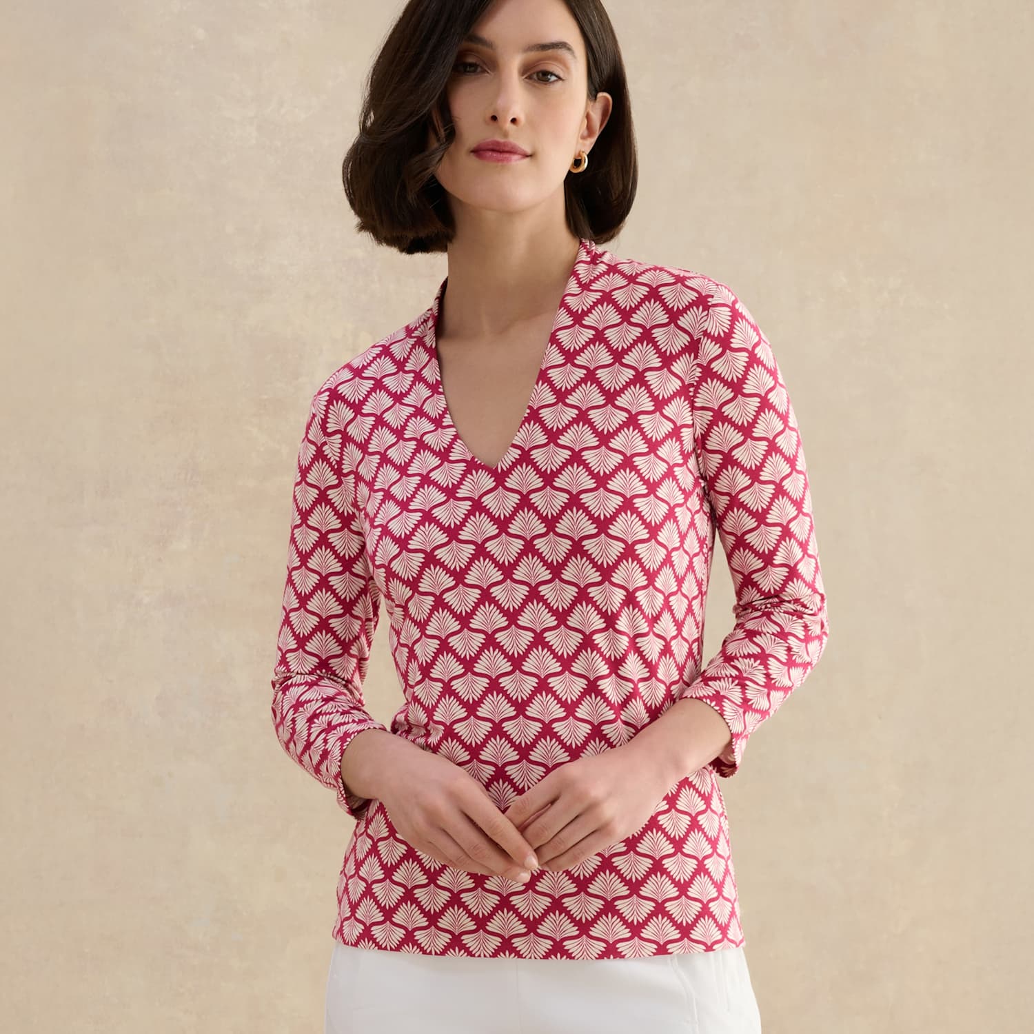 Hobbs Women's Jersey Printed V-Neck Top - Small - Pink Mix - Available at M&S