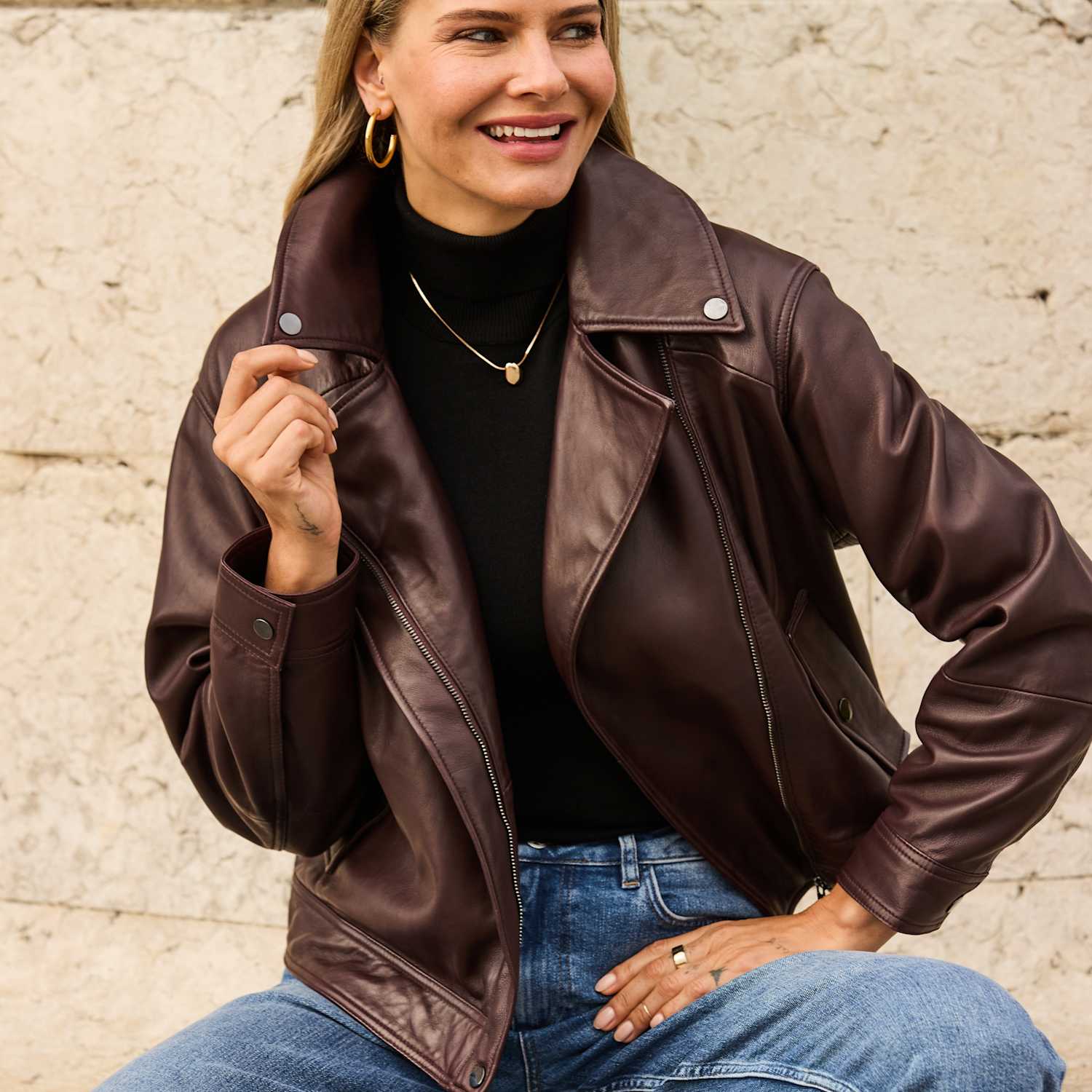 Sosandar Women's Leather Relaxed Biker Jacket - 16 - Burgundy - Available at M&S