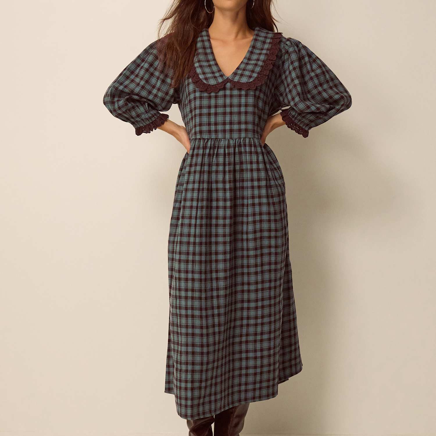 Monsoon Women's Checked V-Neck Puff Sleeve Midi Skater Dress - Small - Blue Mix - Available at M&S