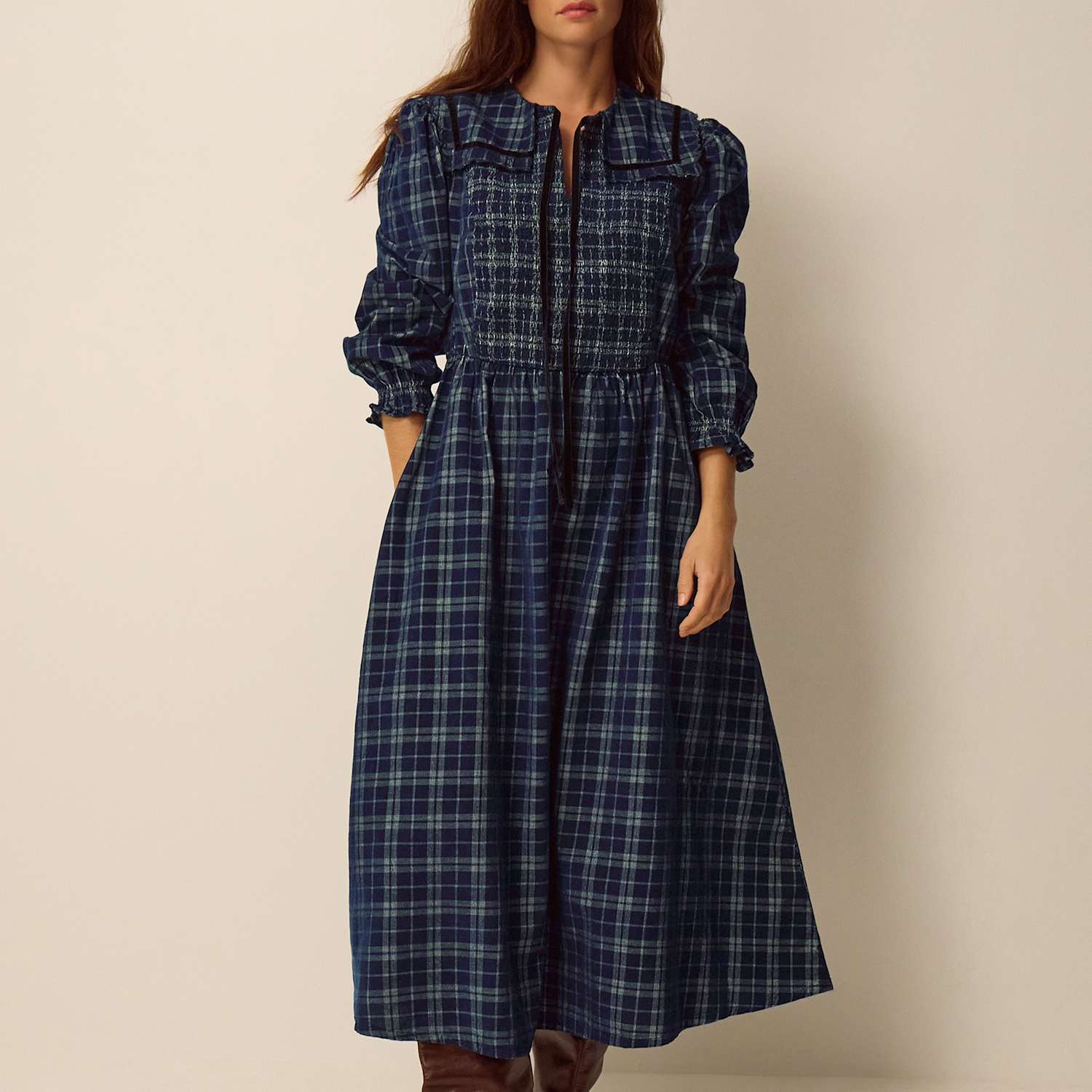 Monsoon Women's Pure Cotton Checked Midi Skater Dress - Small - Navy Mix - Available at M&S