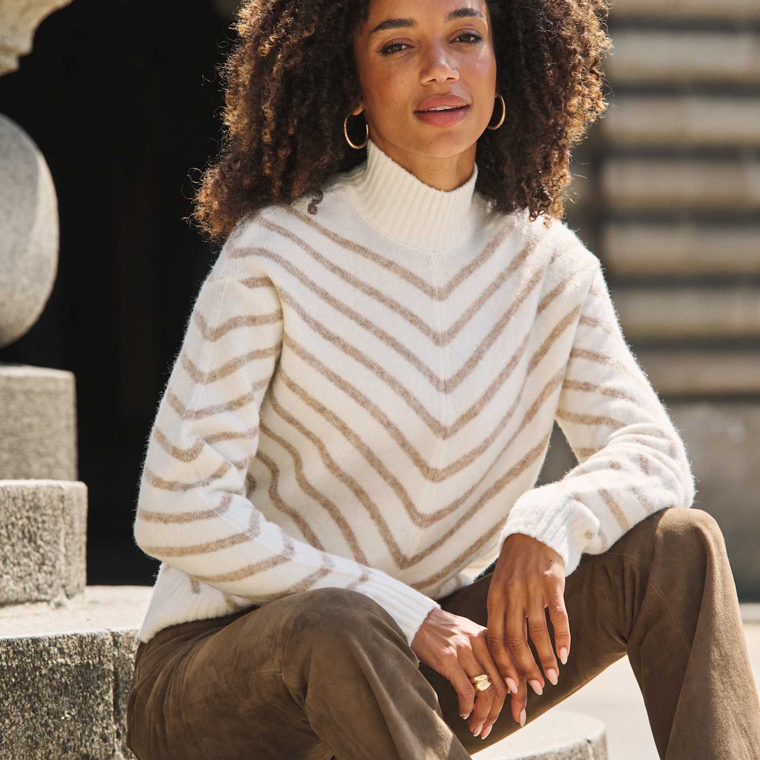 Sosandar Women's Striped Roll Neck Relaxed Jumper - Medium - Cream Mix - Available at M&S