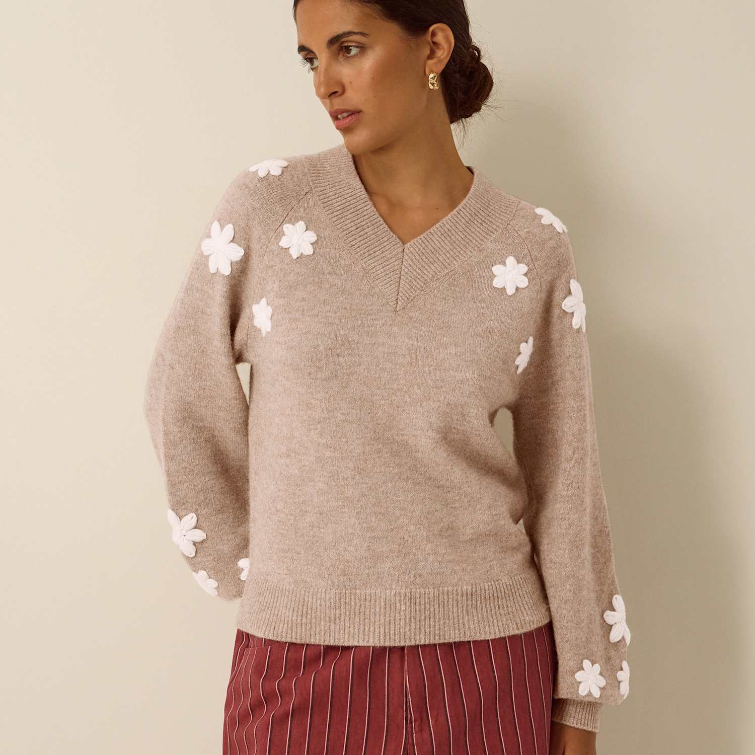 Monsoon Women's Embroidered V Neck Jumper - Large - Beige Mix - Available at M&S