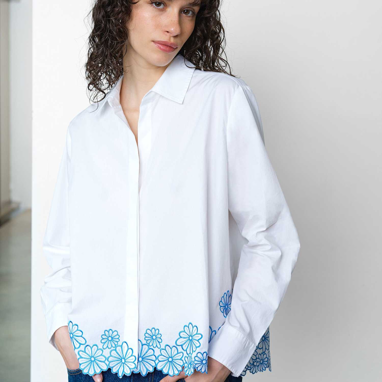 French Connection Women's Pure Cotton Embroidered Floral Shirt - Small - White Mix - Available at M&S