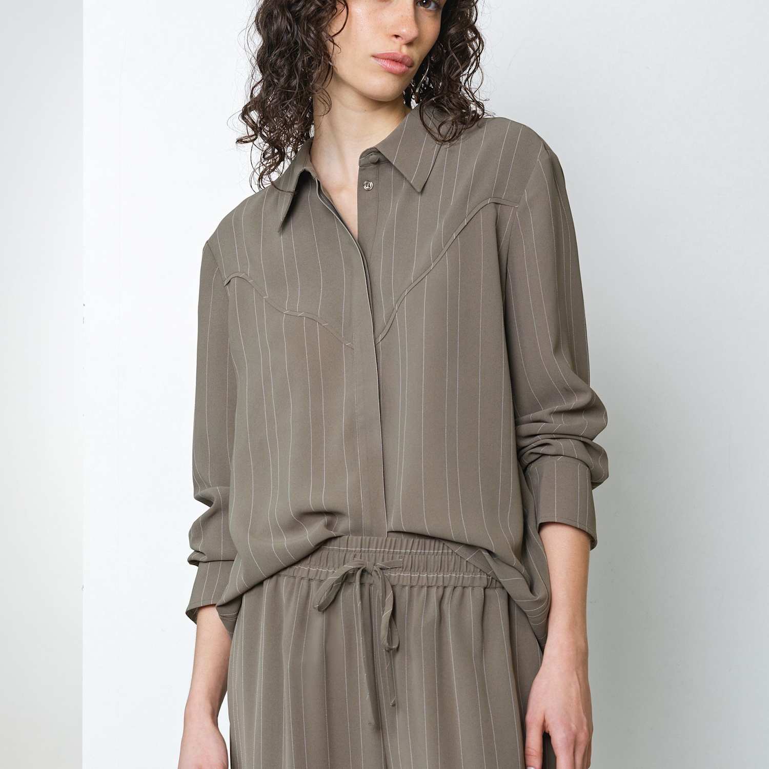 French Connection Women's Pinstripe Collared Yoke Detail Shirt - Extra Small - Khaki Mix - Available at M&S